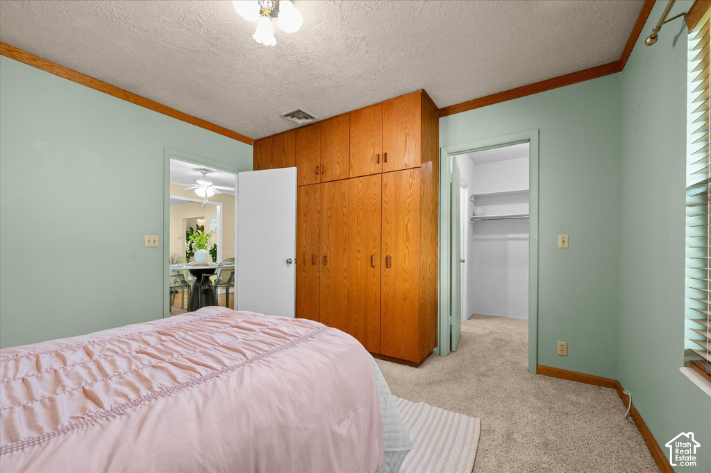 Built-in wood-finish cabinetry, neutral carpeting, and a window with blinds