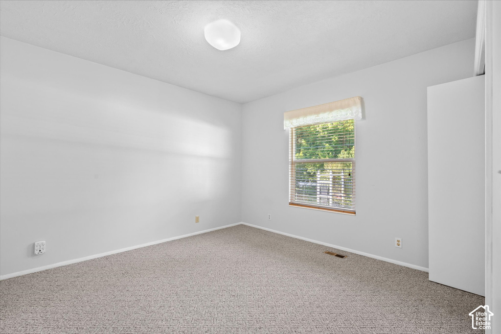 Neutral wall paint with textured carpet flooring, a window with horizontal blinds, and a flush mount ceiling light fixture