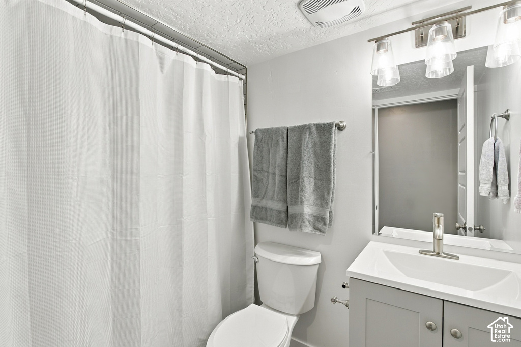 Bathroom featuring a shower with a white curtain, a toilet, a vanity with a white sink, a wall-mounted mirror, and overhead lighting