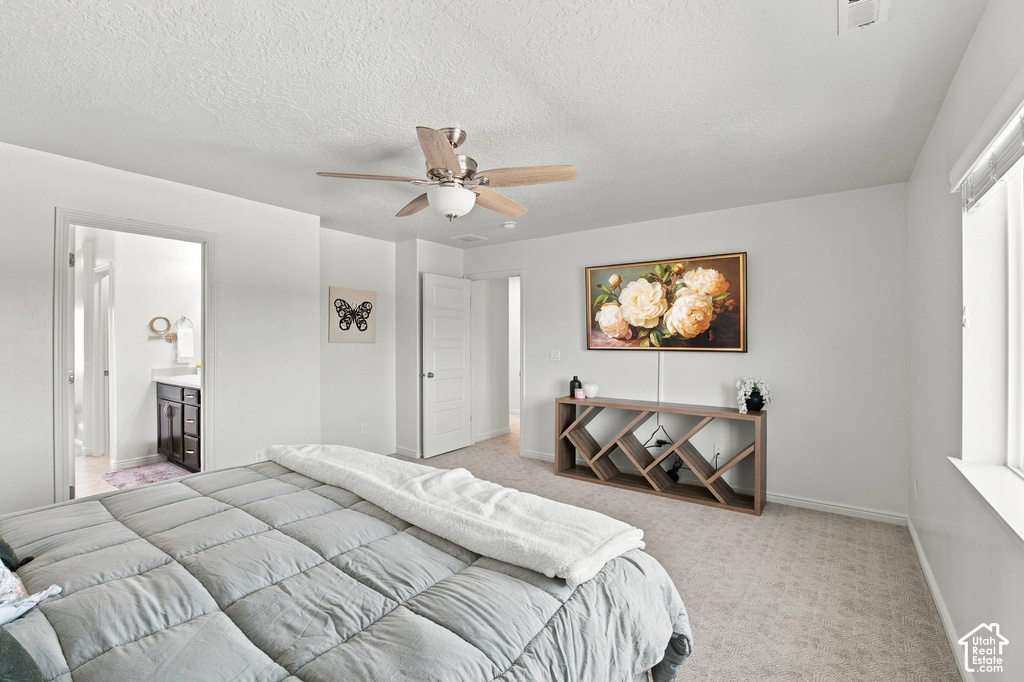 Recessed lighting, ceiling fan with light fixture, carpeted flooring, and white interior doors