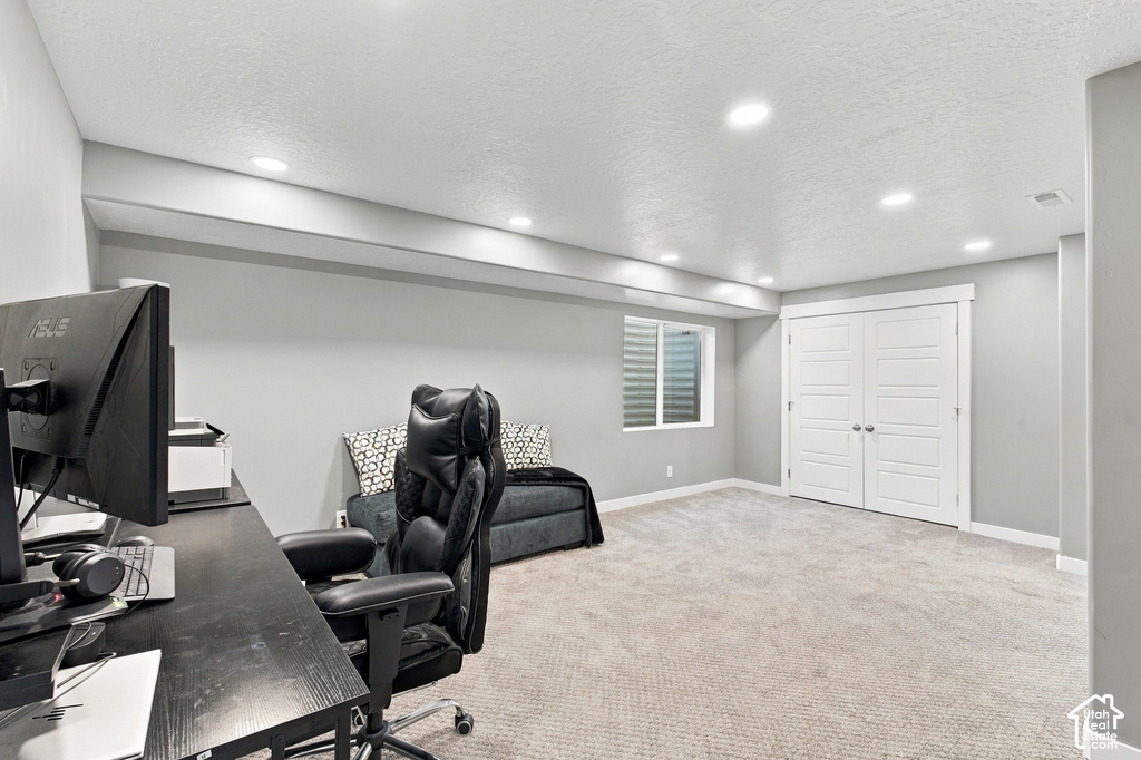 Plush carpet flooring, recessed lighting, double panel doors, and a window well with privacy blinds