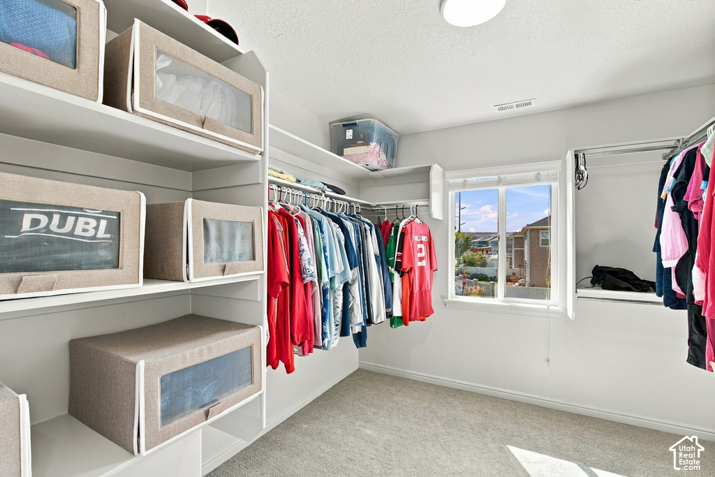 Walk-in closet featuring extensive built-in shelving, multiple hanging rods, a window, and recessed lighting