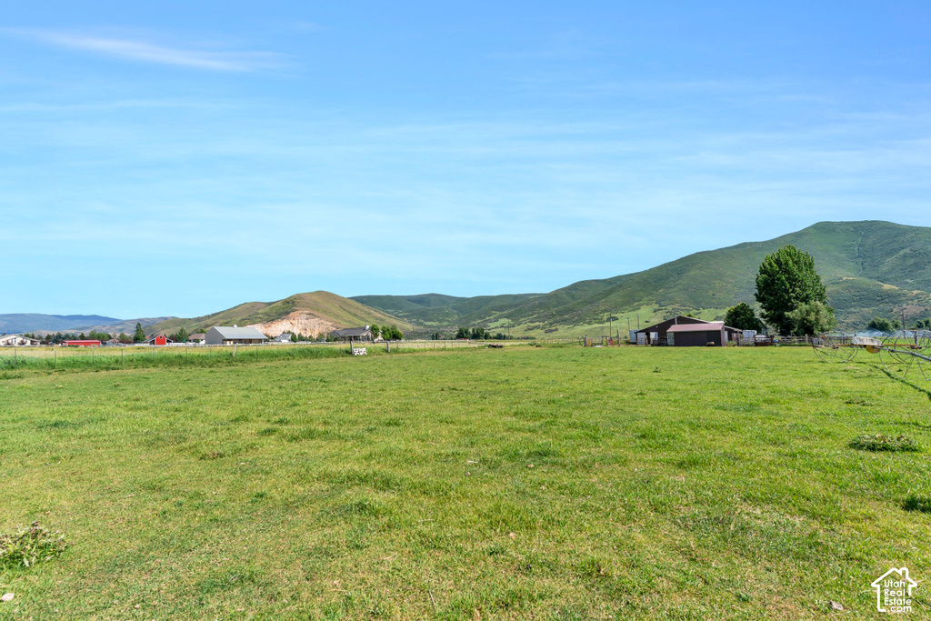 Expansive green field with distant mountain backdrop, featuring scattered buildings and a mature tree