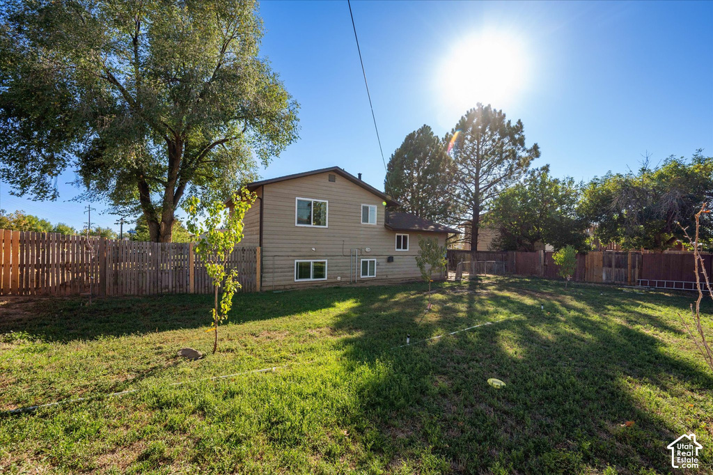Expansive backyard featuring a manicured lawn, established trees, and a full privacy fence