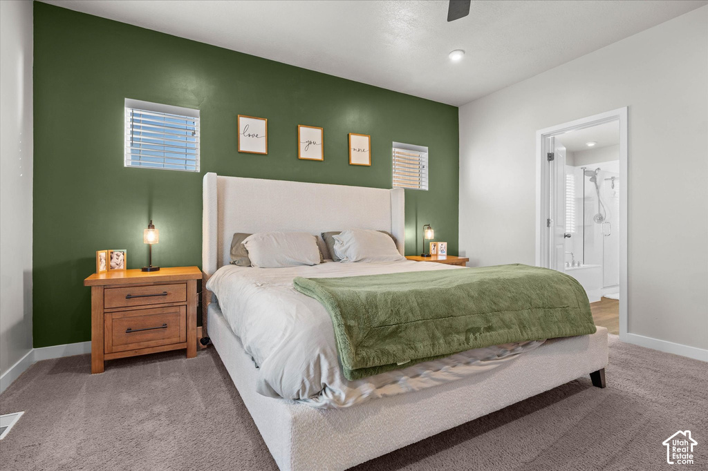 Carpeted flooring, recessed lighting, and a ceiling fan