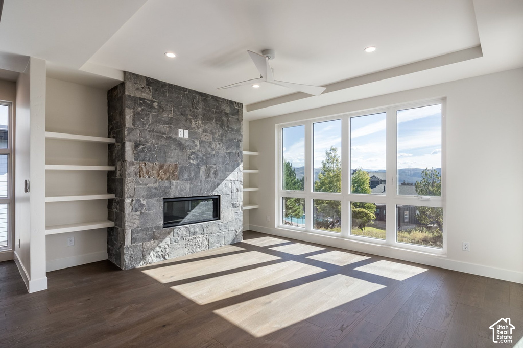 Stacked stone fireplace with an integrated linear firebox