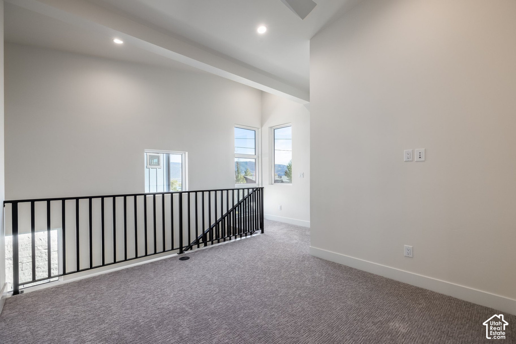 Carpeted upper-level landing with a black metal railing and multiple windows