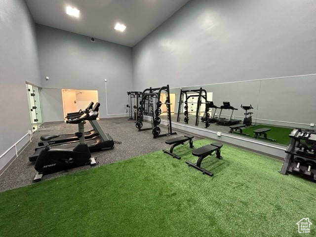 Workout area with a towering ceiling and carpet floors
