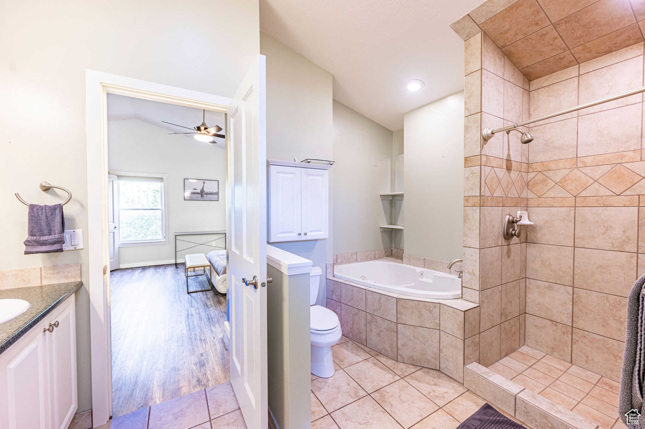 Full bathroom featuring hardwood / wood-style flooring, vanity, toilet, and separate shower and tub