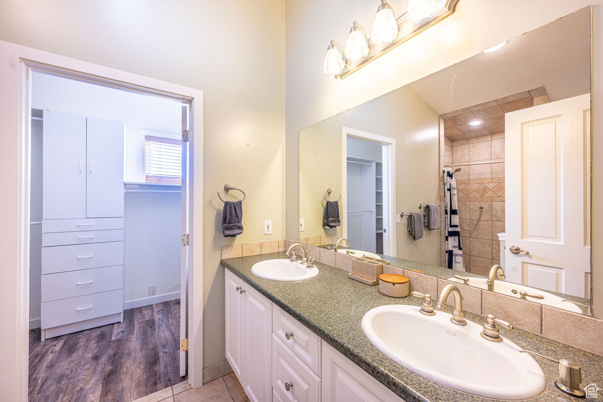 Bathroom with wood-type flooring, vanity, and curtained shower