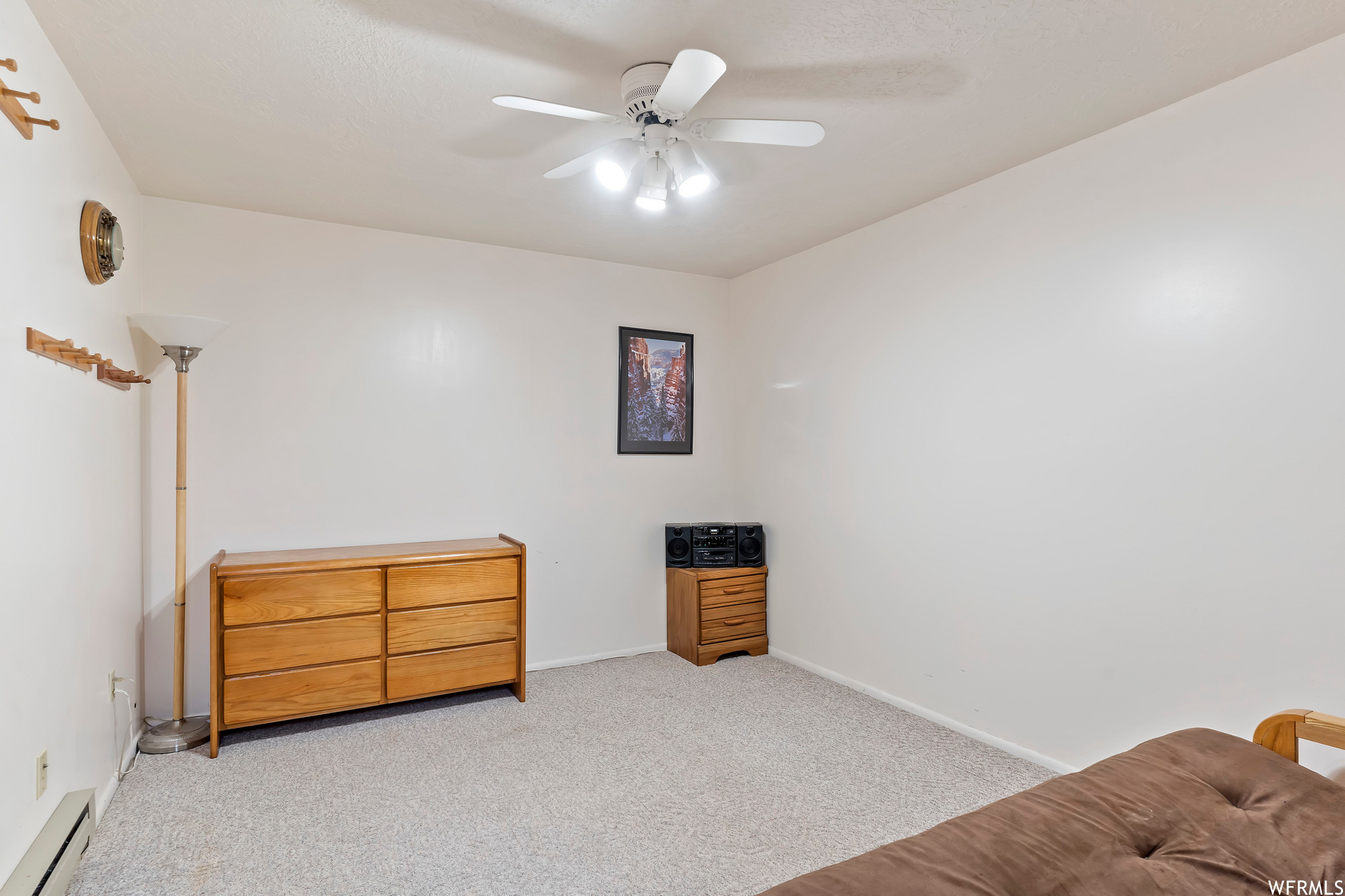 Interior space featuring carpet, a ceiling fan, and baseboard radiator