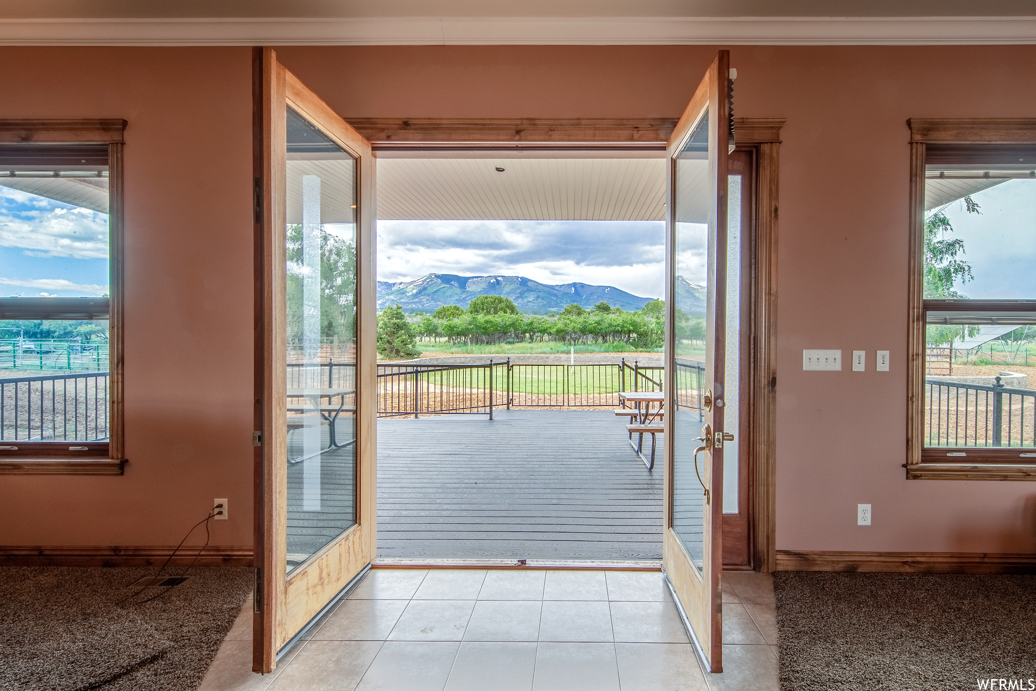 Doorway to outside featuring carpet and natural light