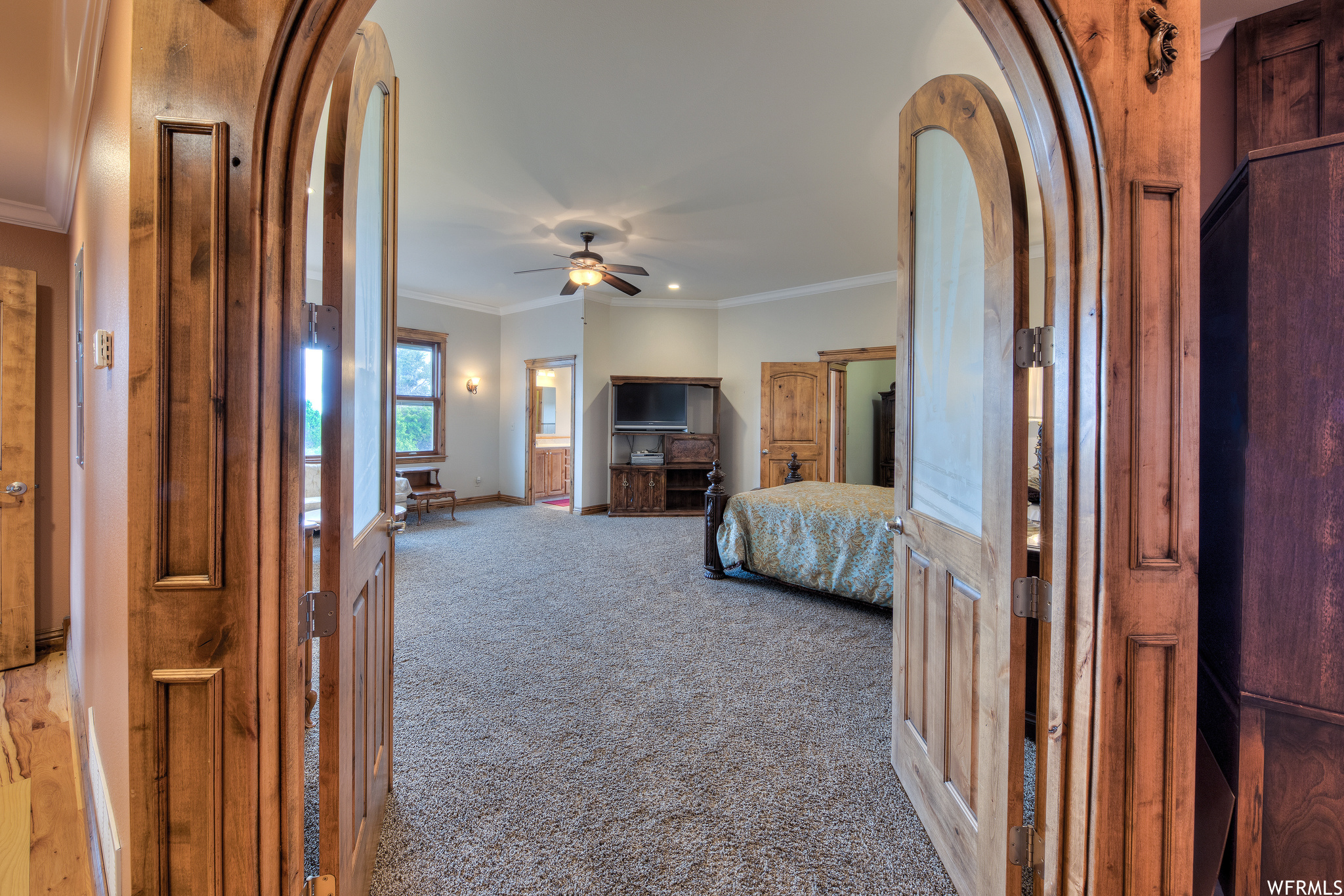 Carpeted bedroom featuring a ceiling fan and natural light