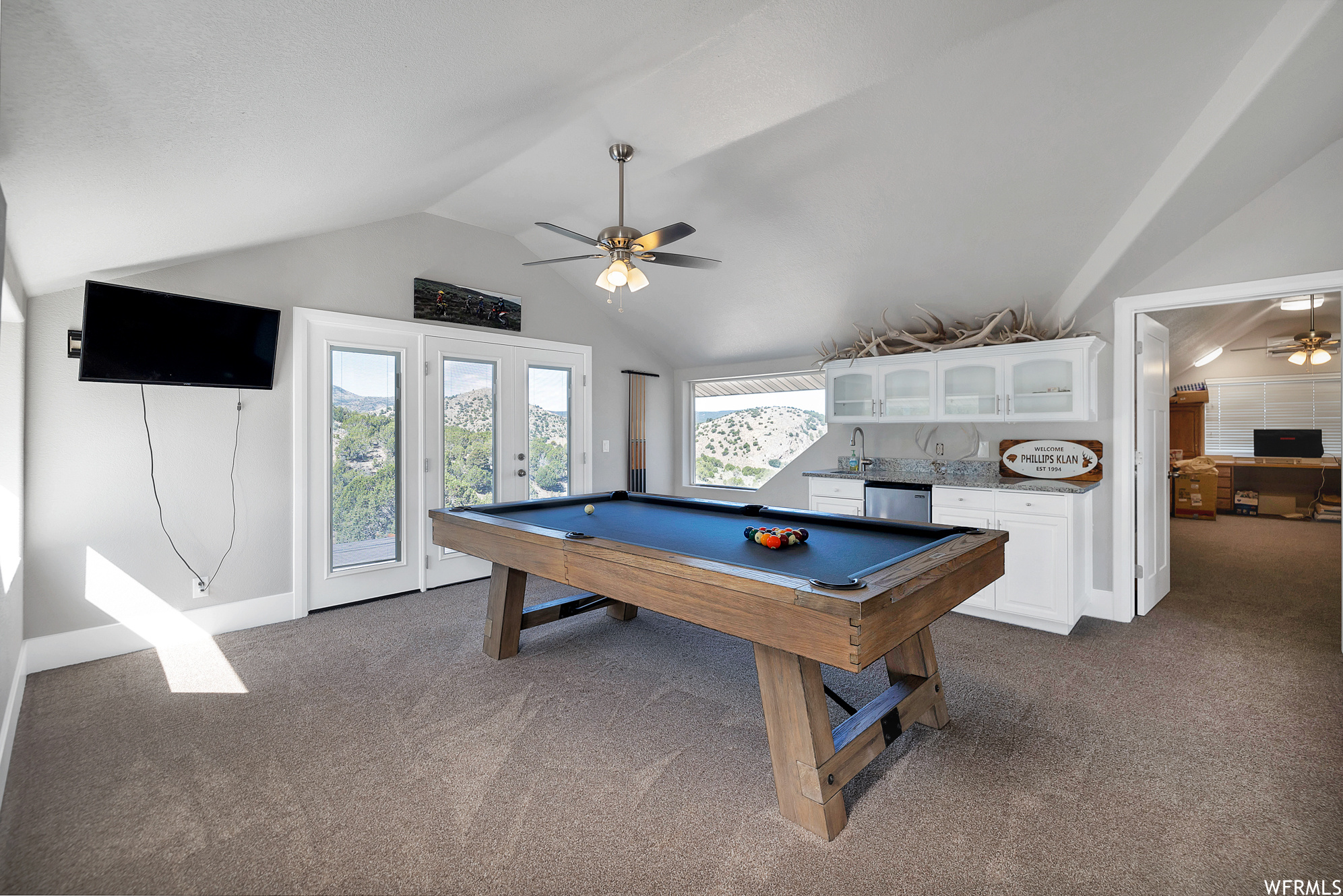 Game room featuring a ceiling fan, natural light, lofted ceiling, carpet, and TV