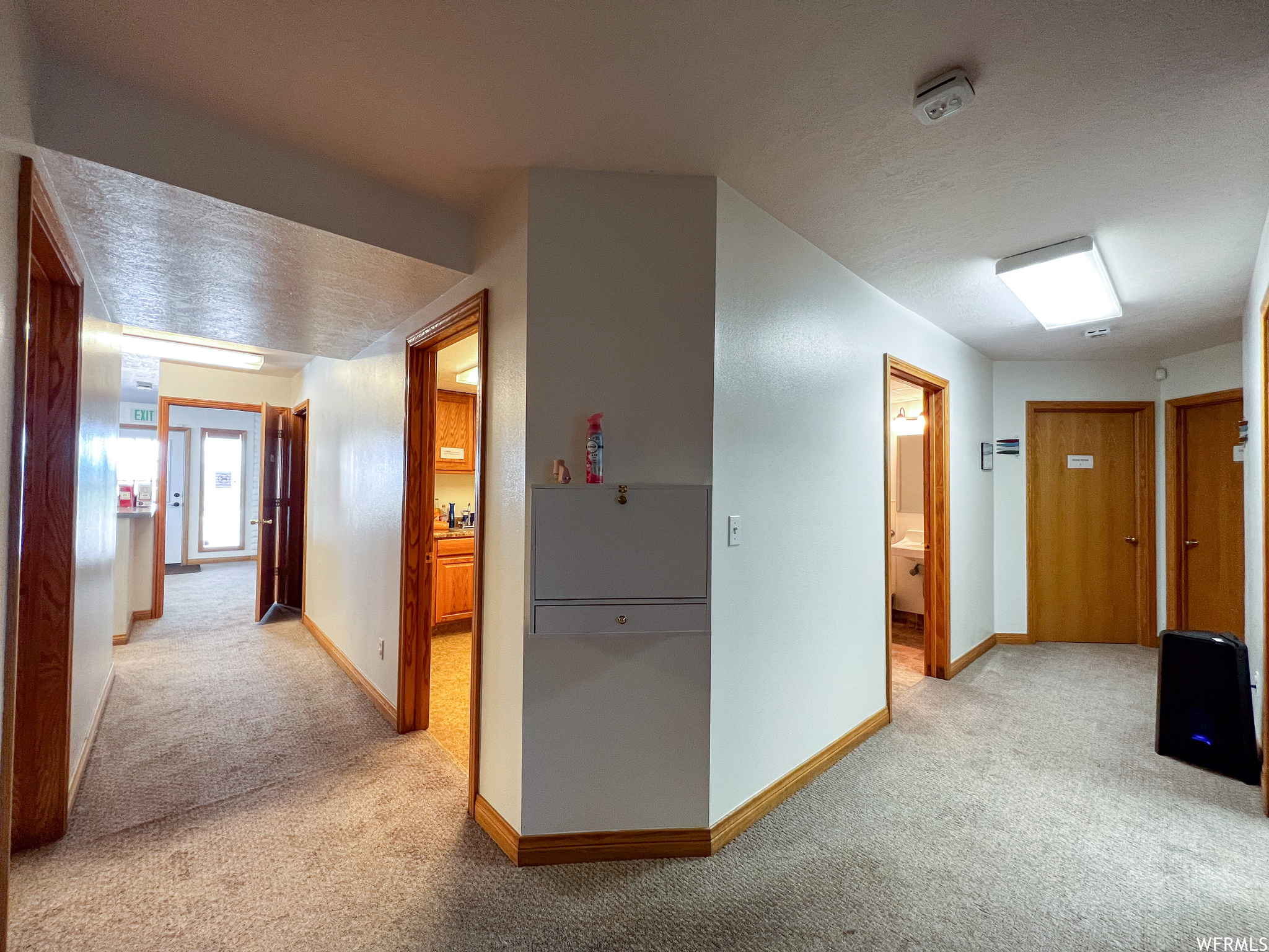 Hall featuring light carpet