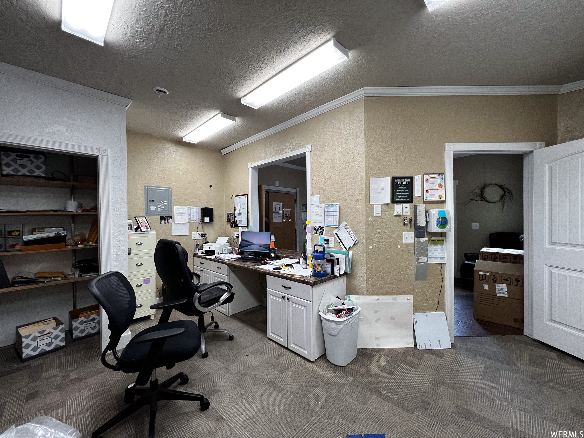 Office with a textured ceiling, ornamental molding, and dark carpet