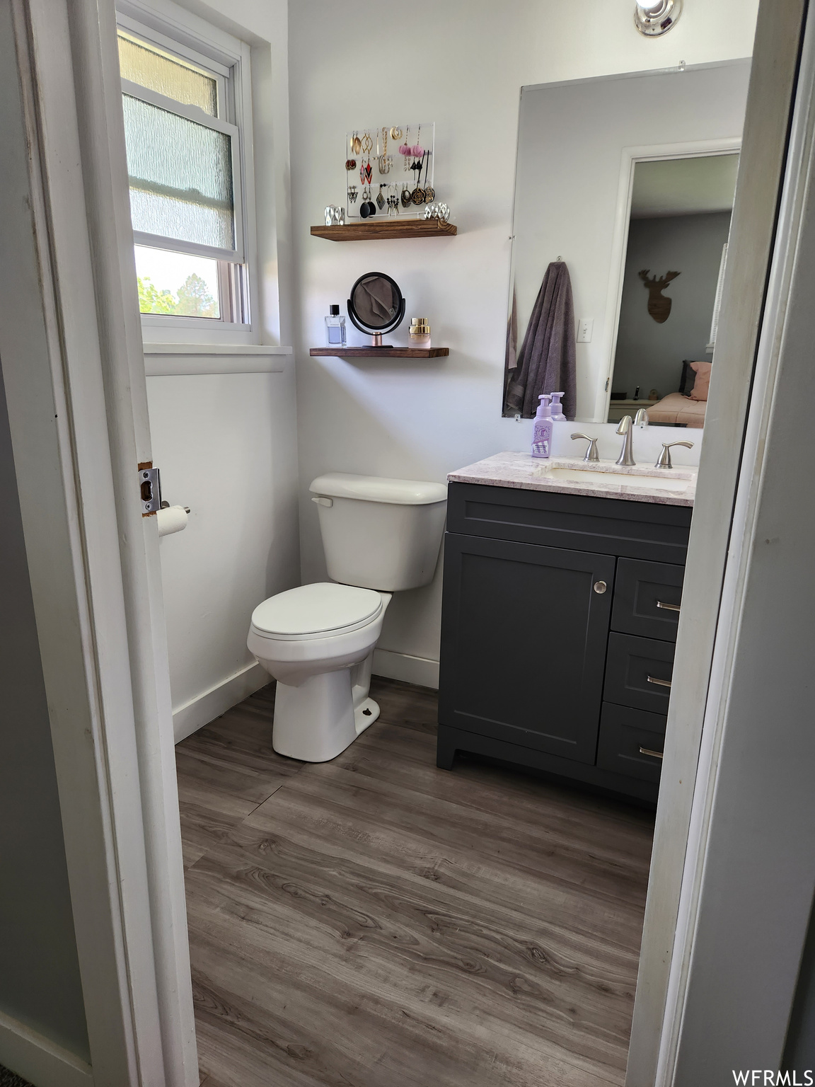Bathroom with dark hardwood flooring, vanity, and mirror
