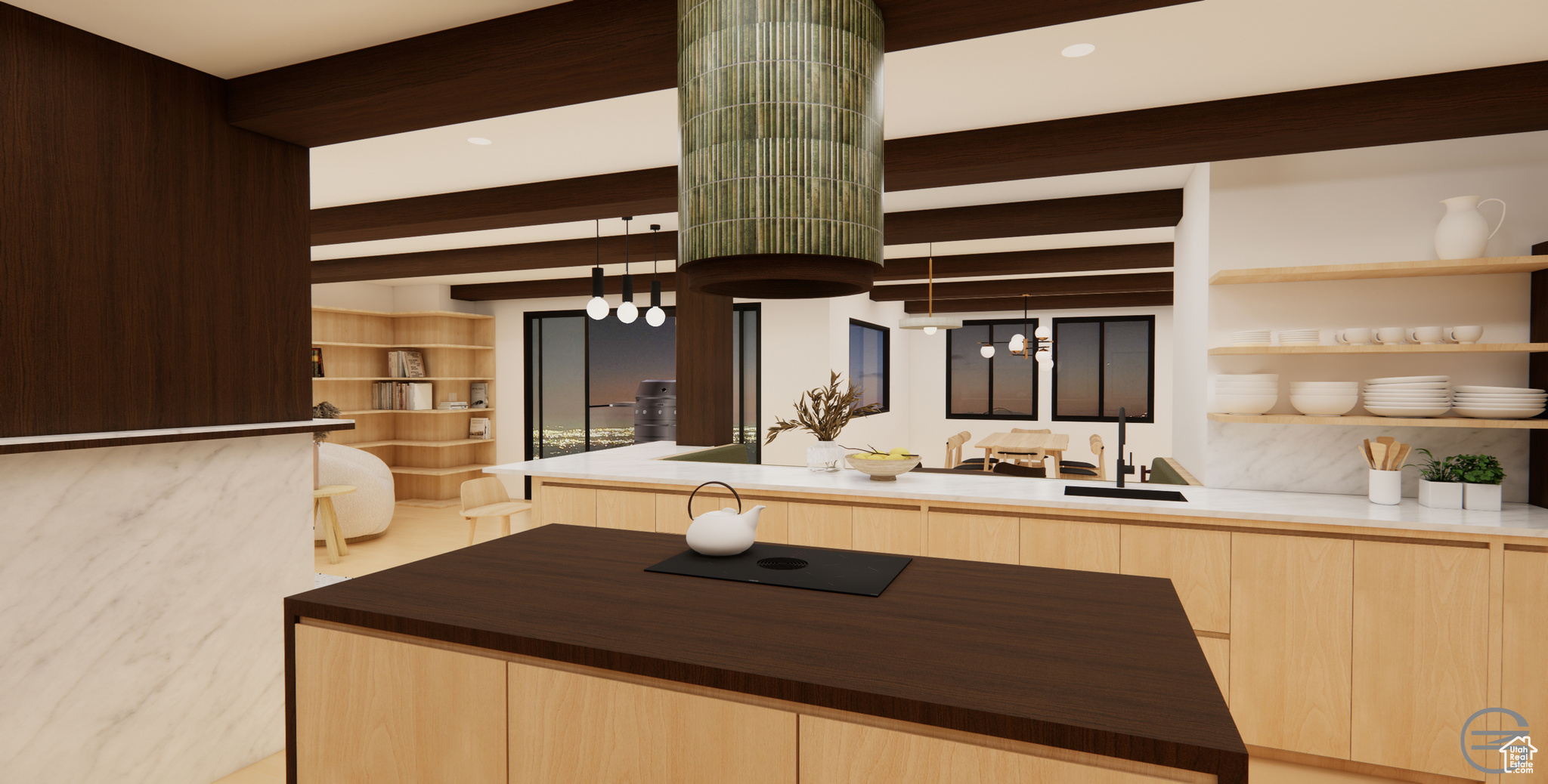 Kitchen with beam ceiling, light brown cabinets, sink, and decorative light fixtures - RENDERING