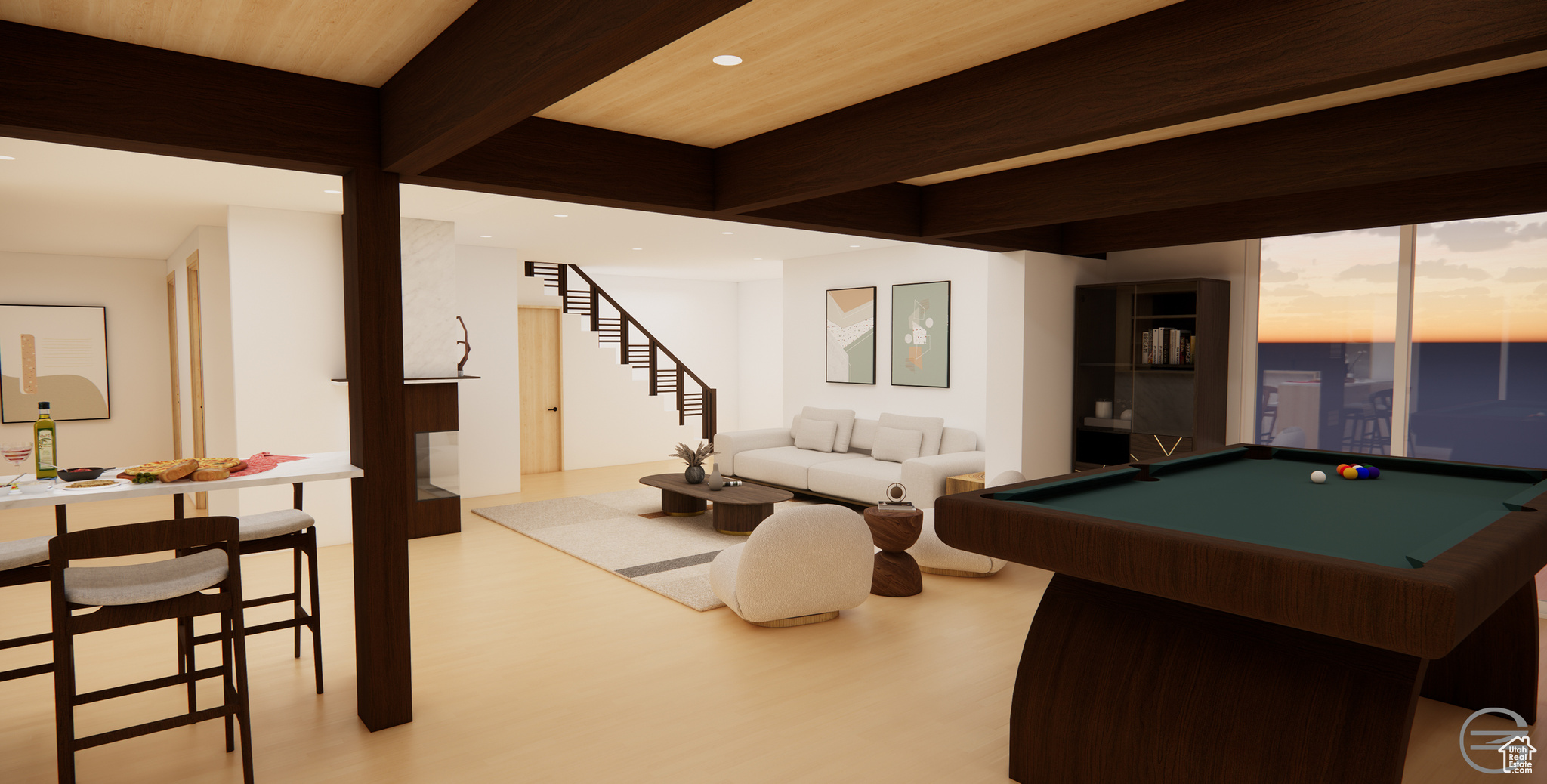 Game room with pool table and wood ceiling - RENDERING