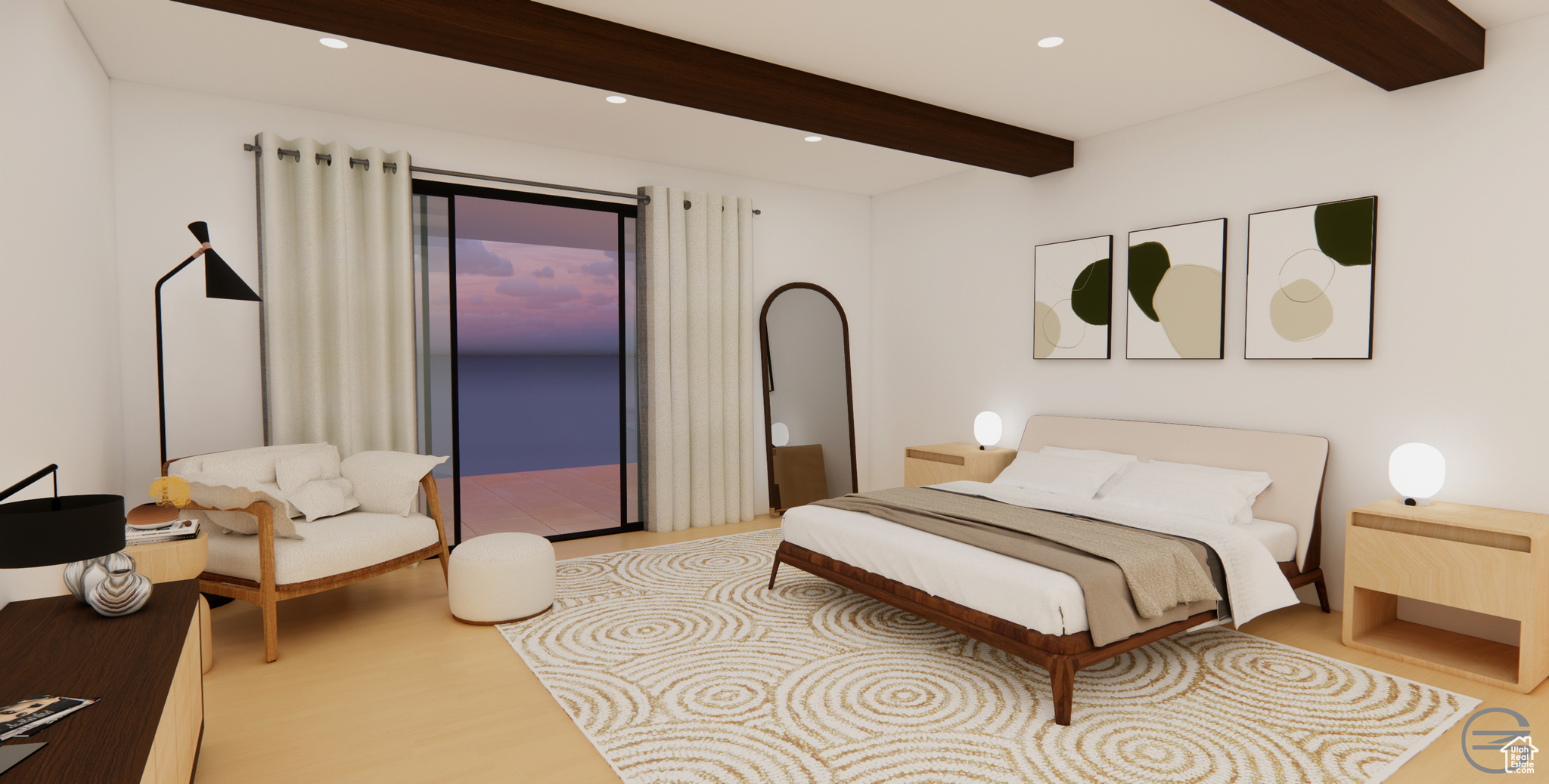 Bedroom featuring beamed ceiling and light hardwood / wood-style floors - RENDERING