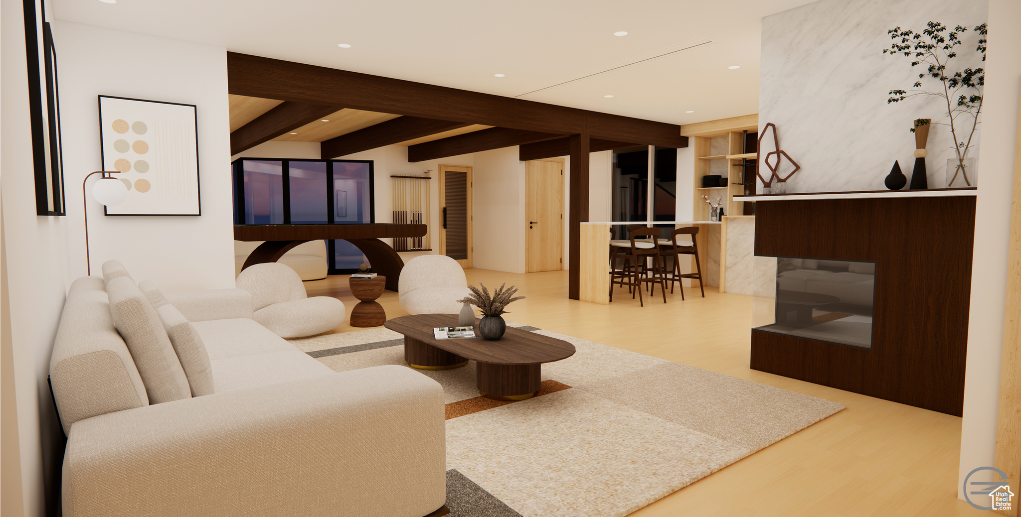 Living room featuring light hardwood / wood-style flooring and beamed ceiling - RENDERING