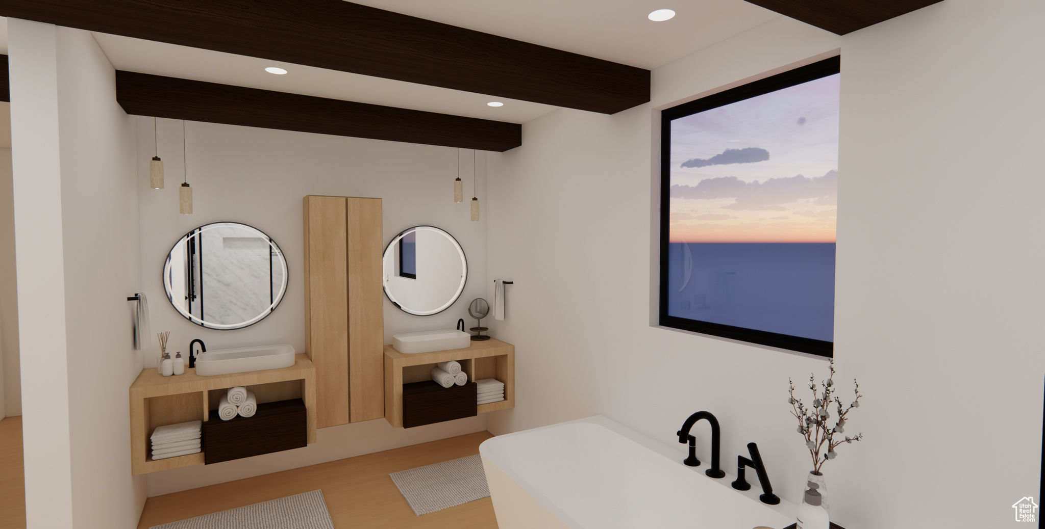 Bathroom featuring a bathing tub, hardwood / wood-style flooring, and dual bowl vanity - RENDERING