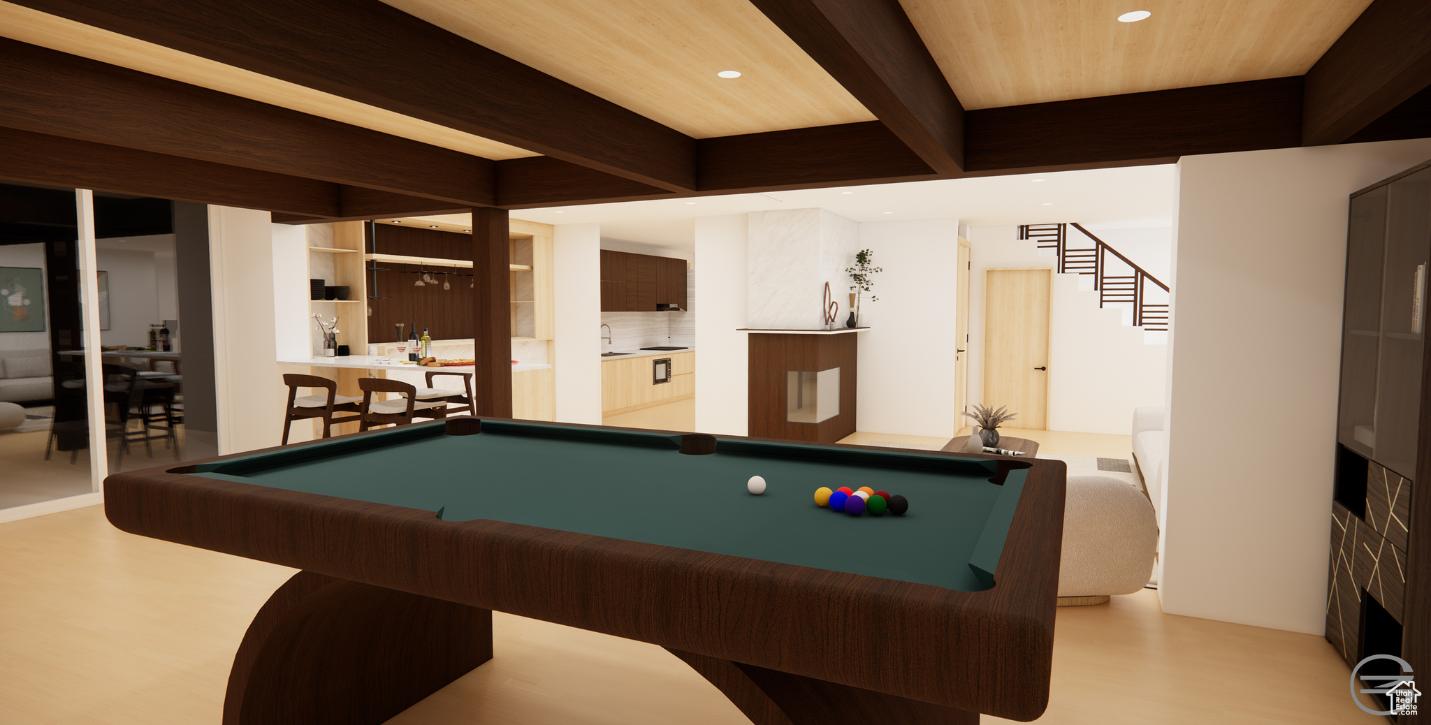 Basement great room with beam ceiling, pool table, light hardwood / wood-style floors, and wood ceiling - RENDERING