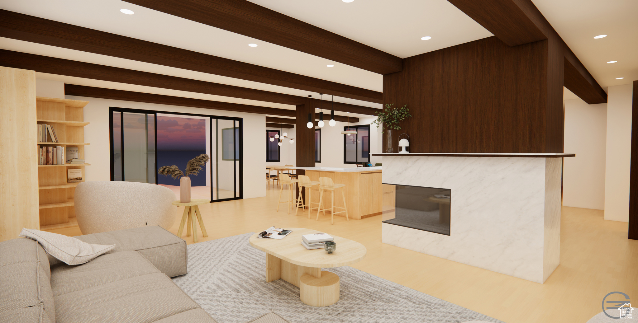 Living room with light hardwood / wood-style flooring and beamed ceiling - RENDERING