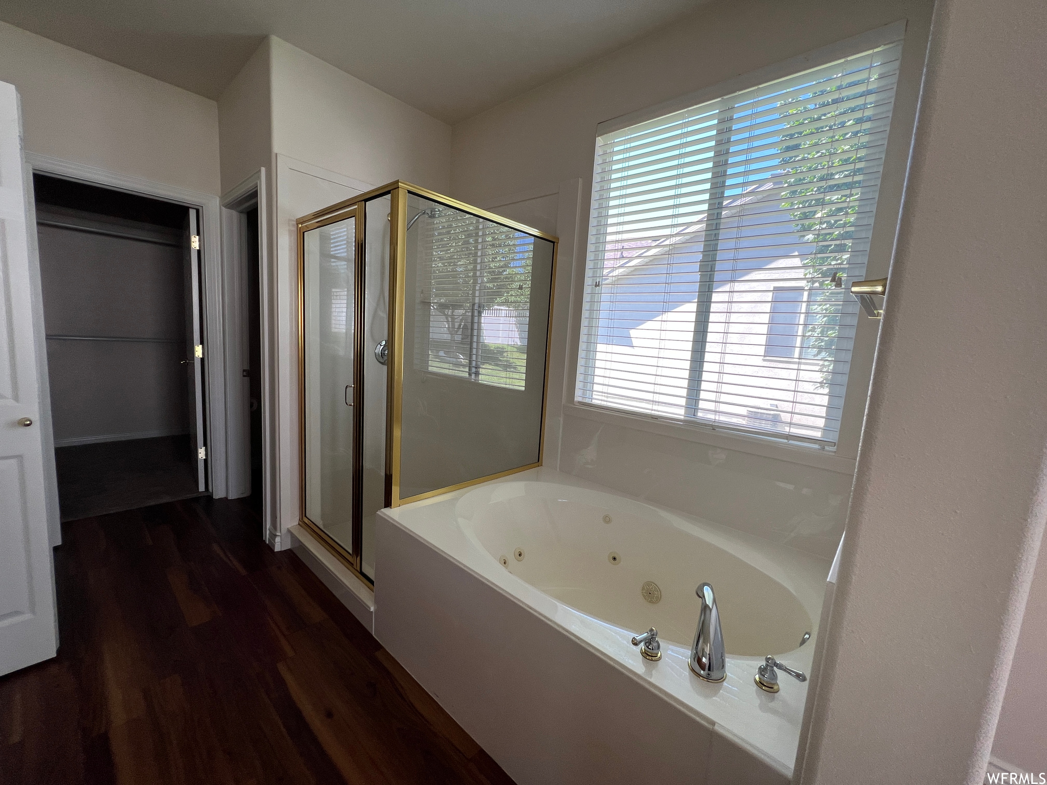 Bathroom with independent shower and bath and dark hardwood floors