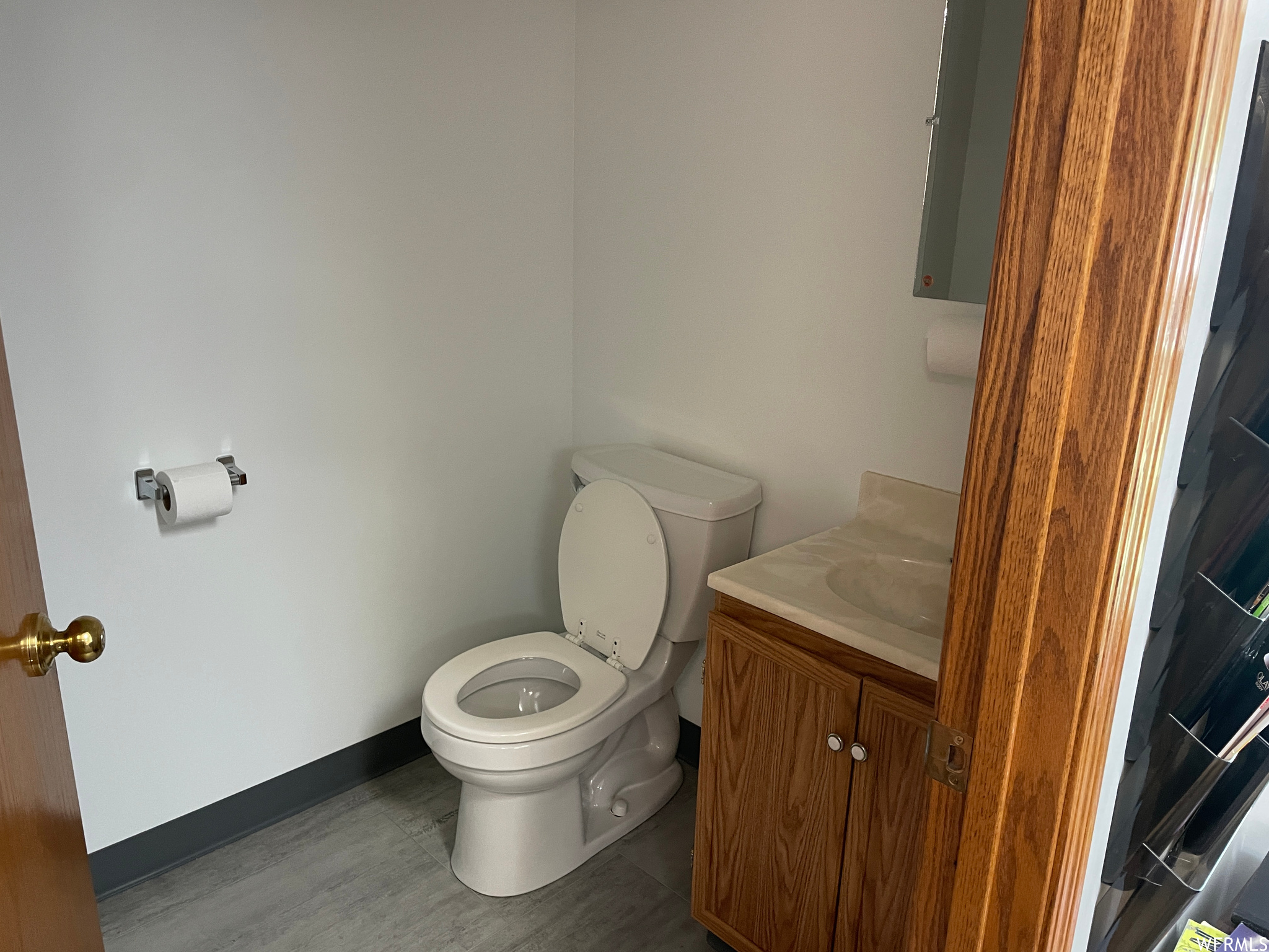 Bathroom with vanity and dark hardwood floors