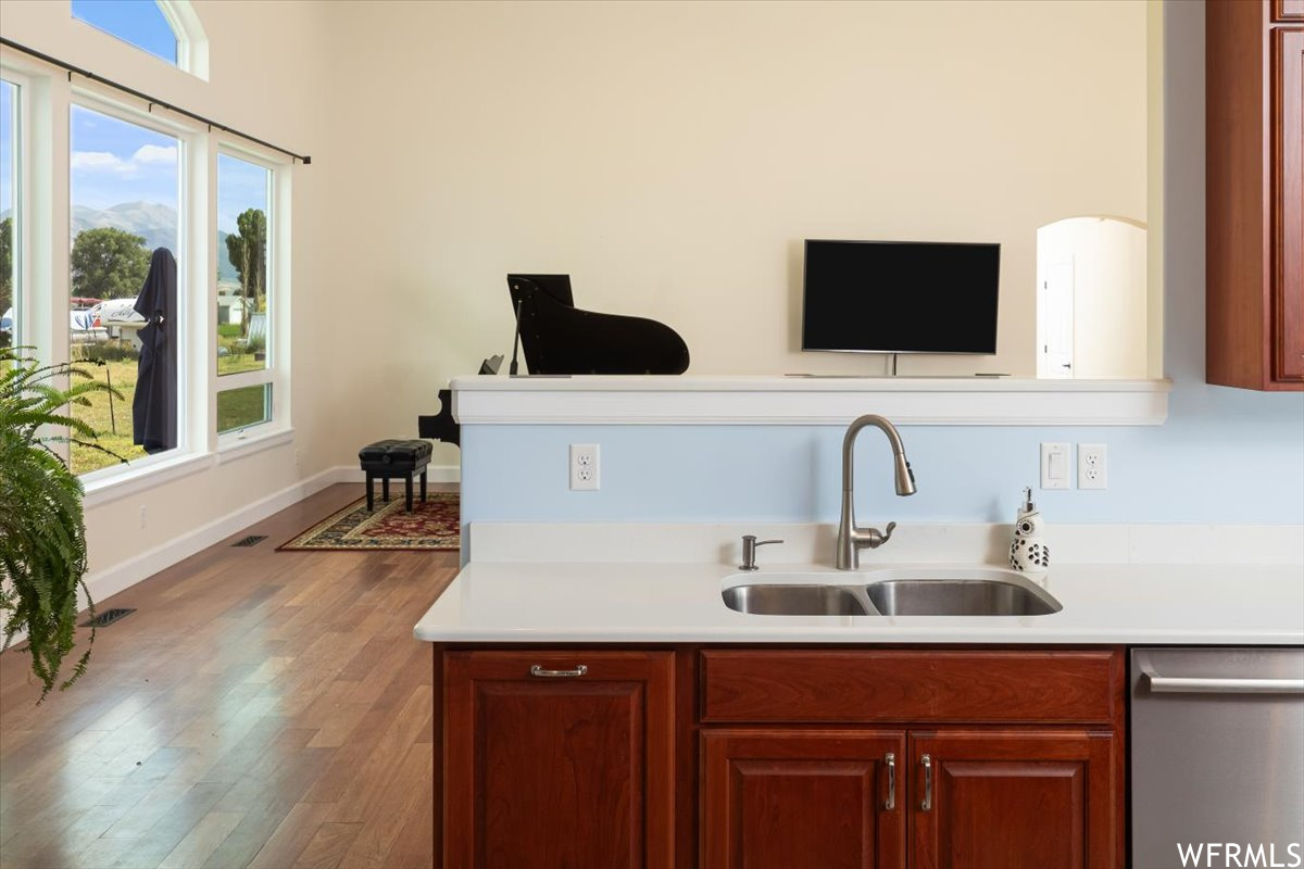 light hardwood / wood-style flooring, sink, and stainless steel dishwasher