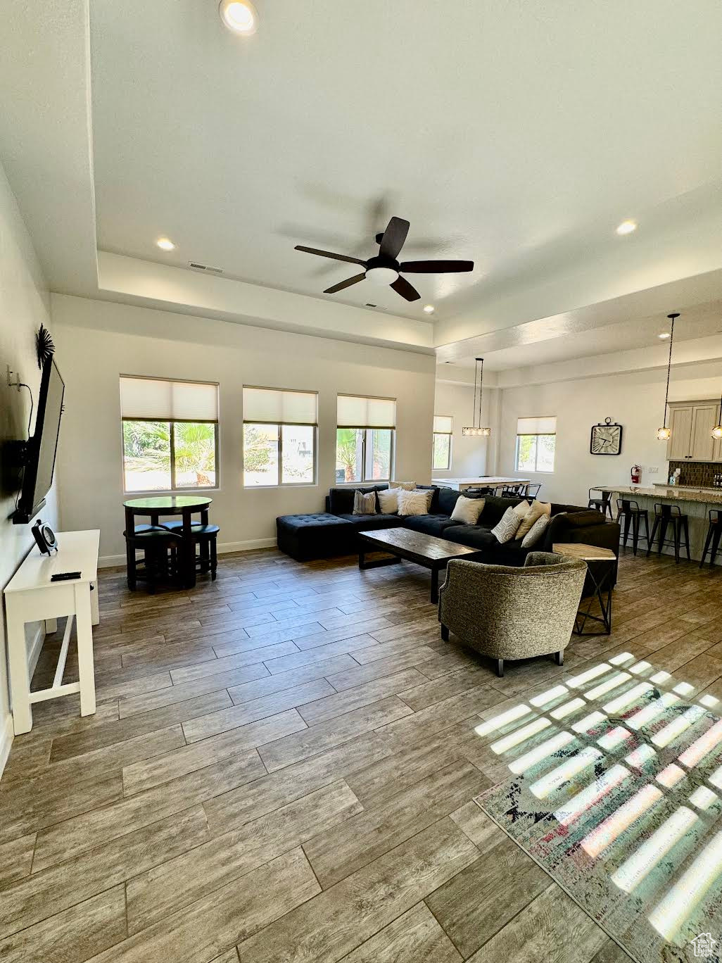 Living room featuring a tray ceiling, ceiling fan, hardwood / wood-style flooring, and a healthy amount of sunlight