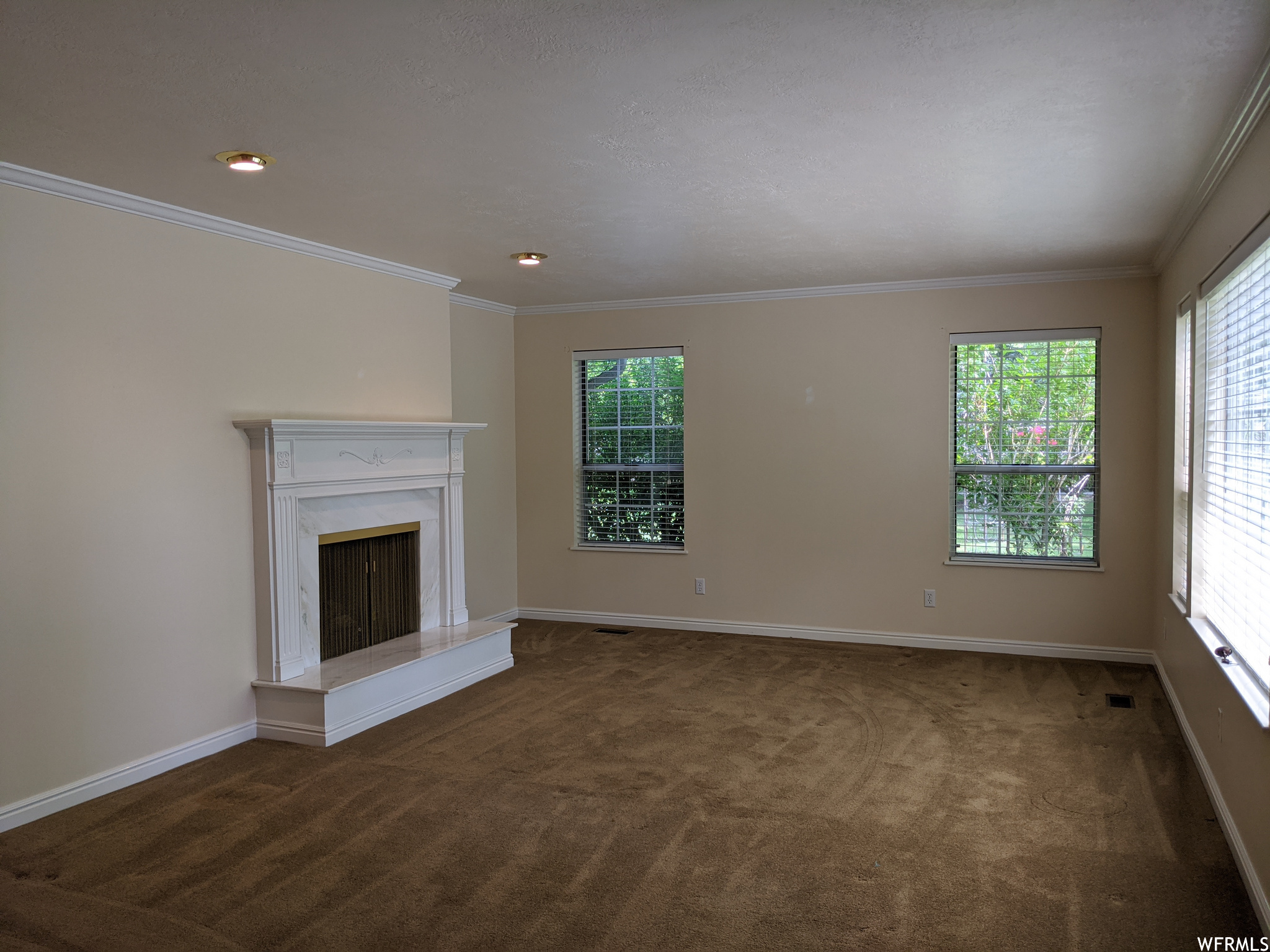 Living room with dark carpet, crown molding, a healthy amount of sunlight, and a fireplace