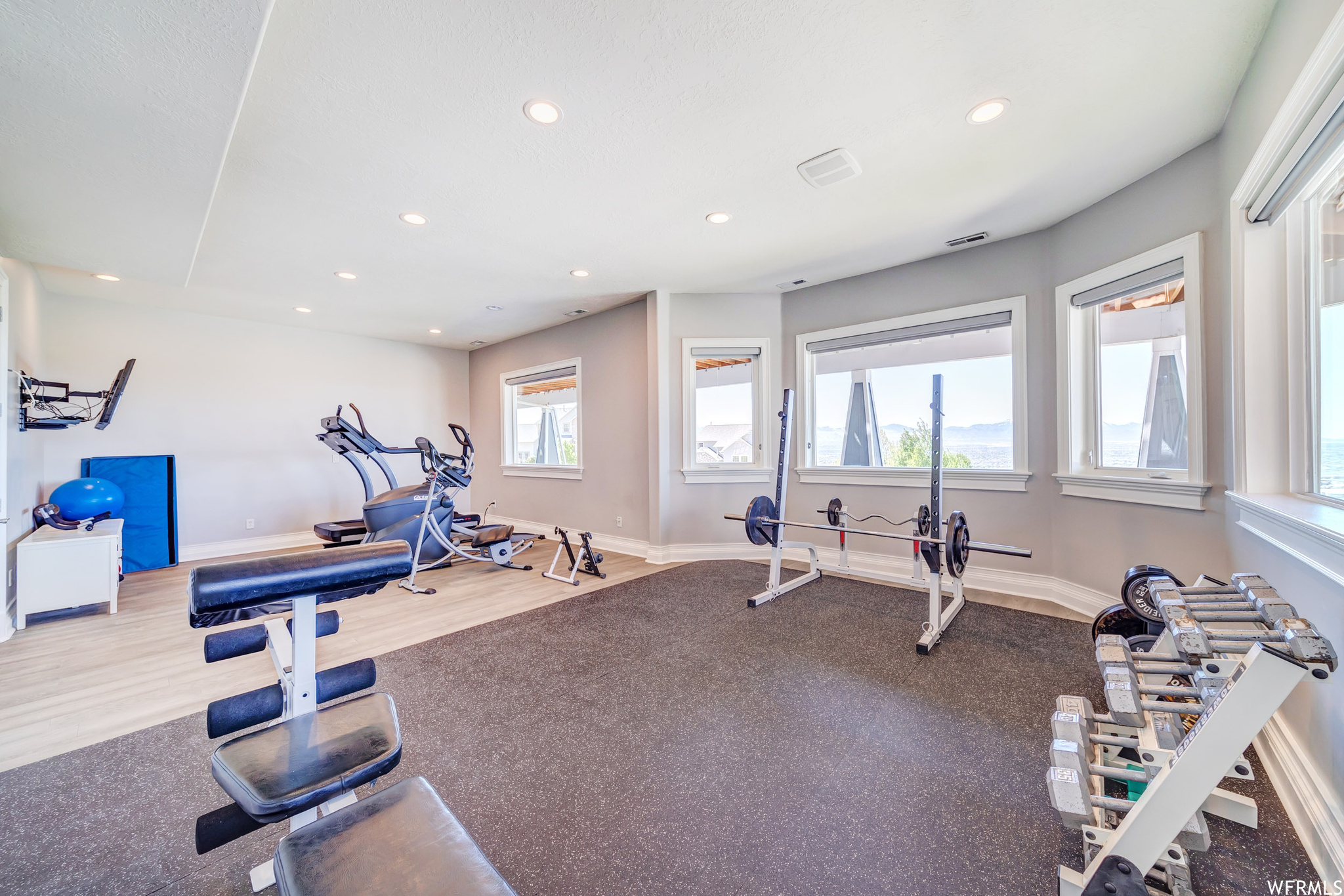 Workout room with panoramic views of the valley.