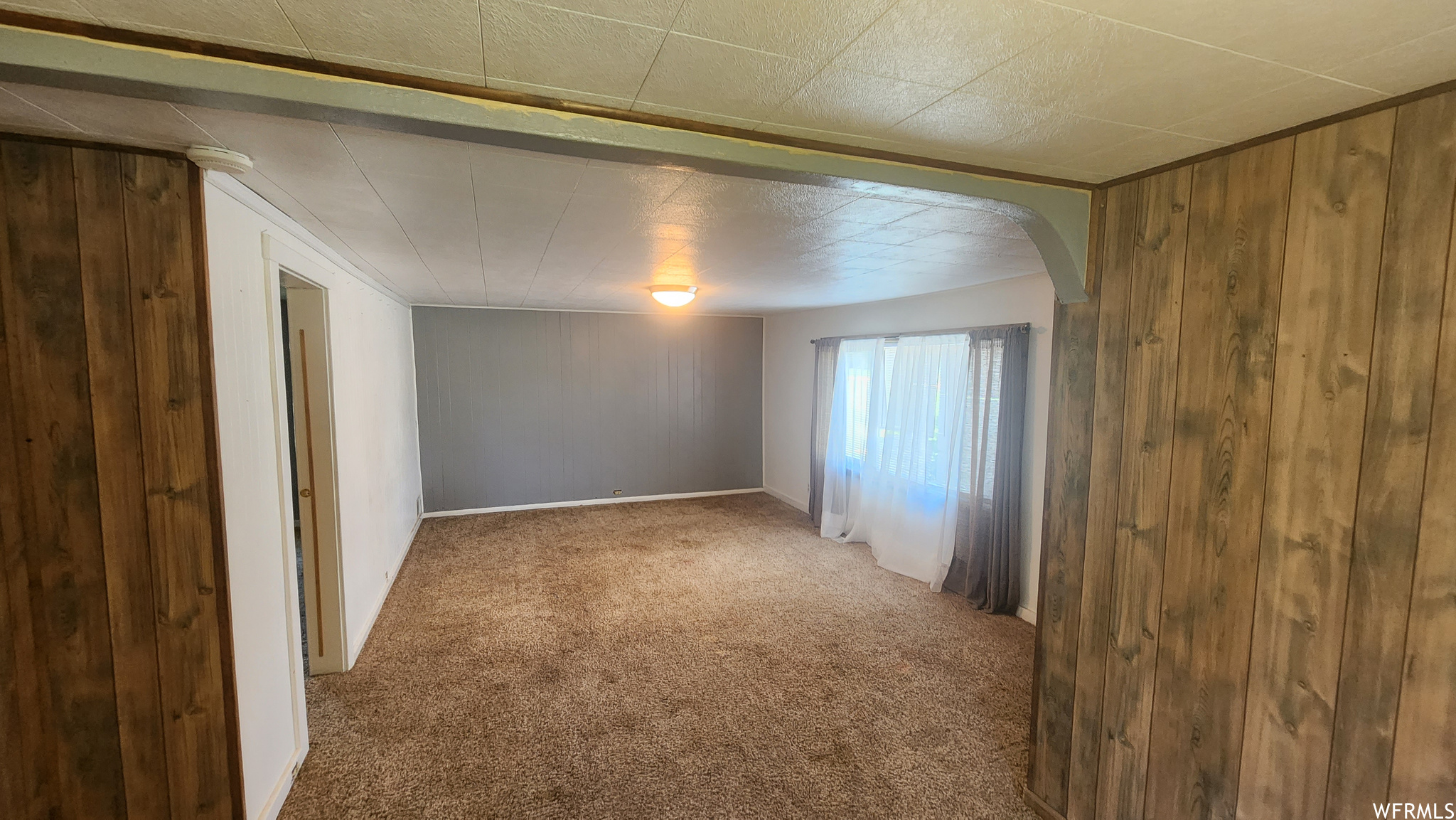Spare room featuring wood walls and light carpet