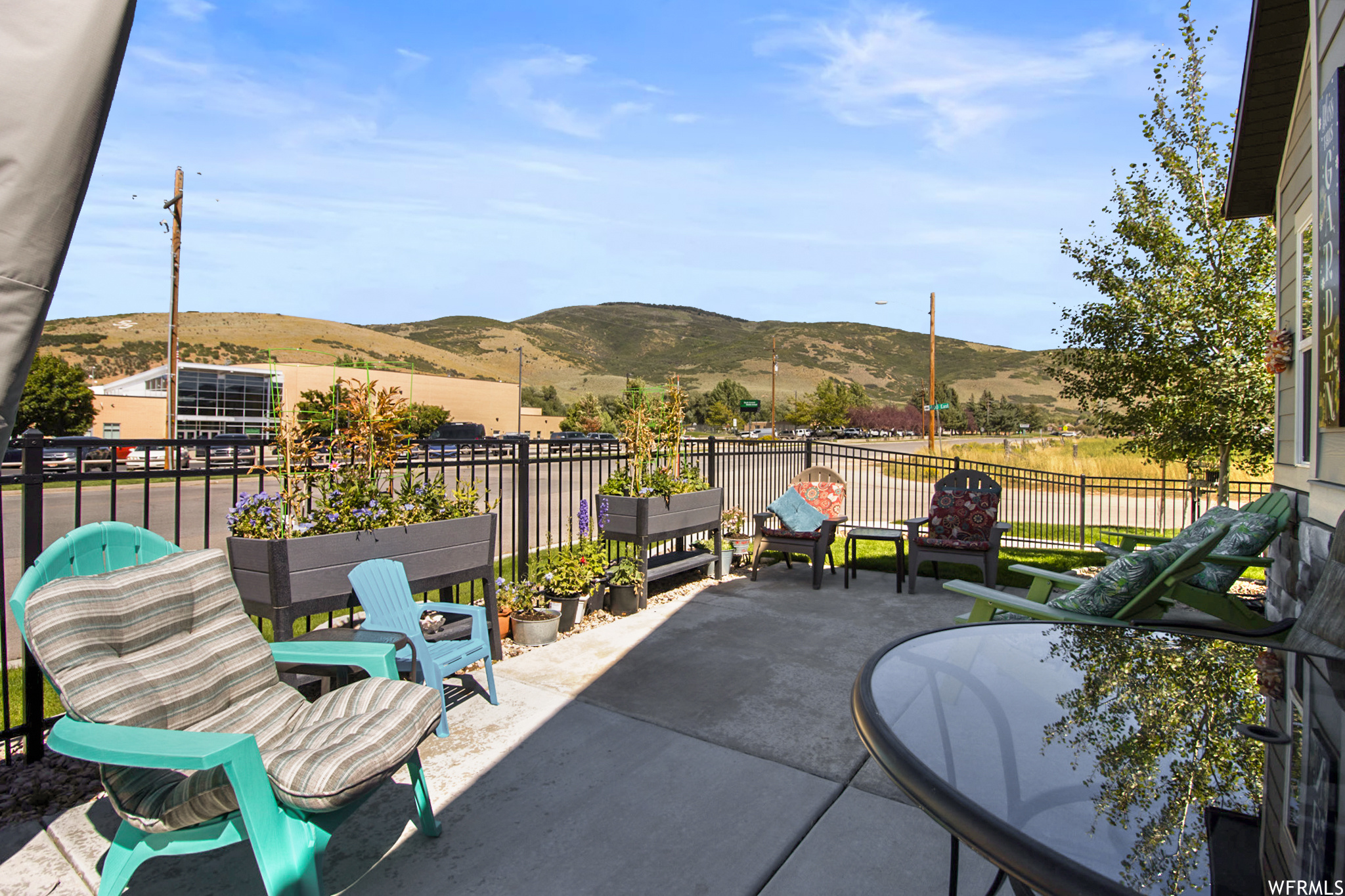 View of terrace with a mountain view