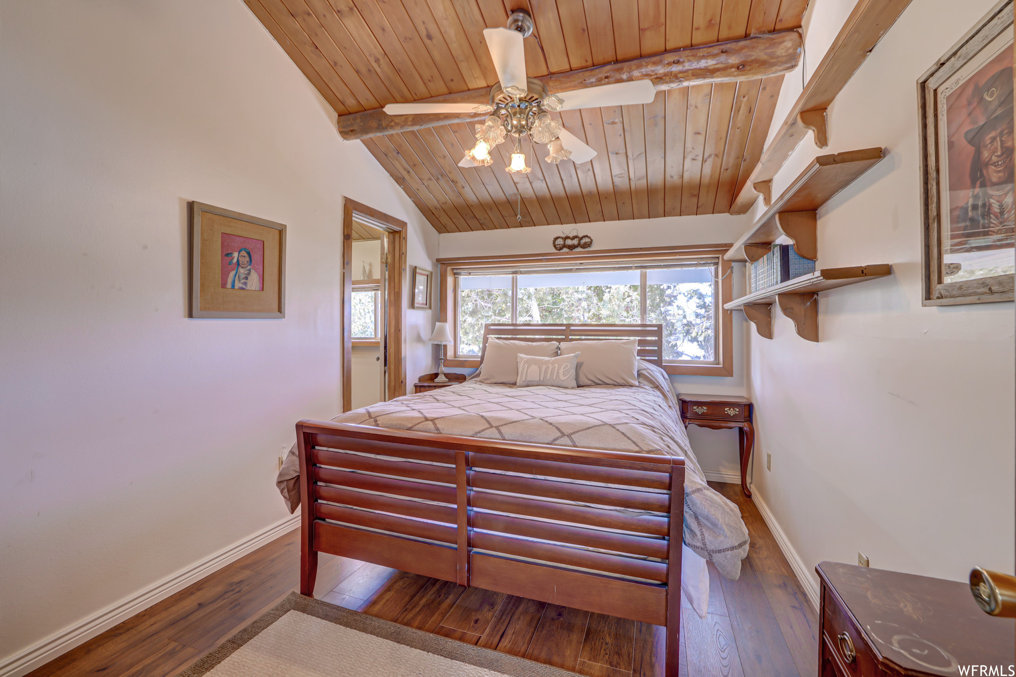 Bedroom with dark wood-type flooring, wood ceiling, ceiling fan, and lofted ceiling with beams