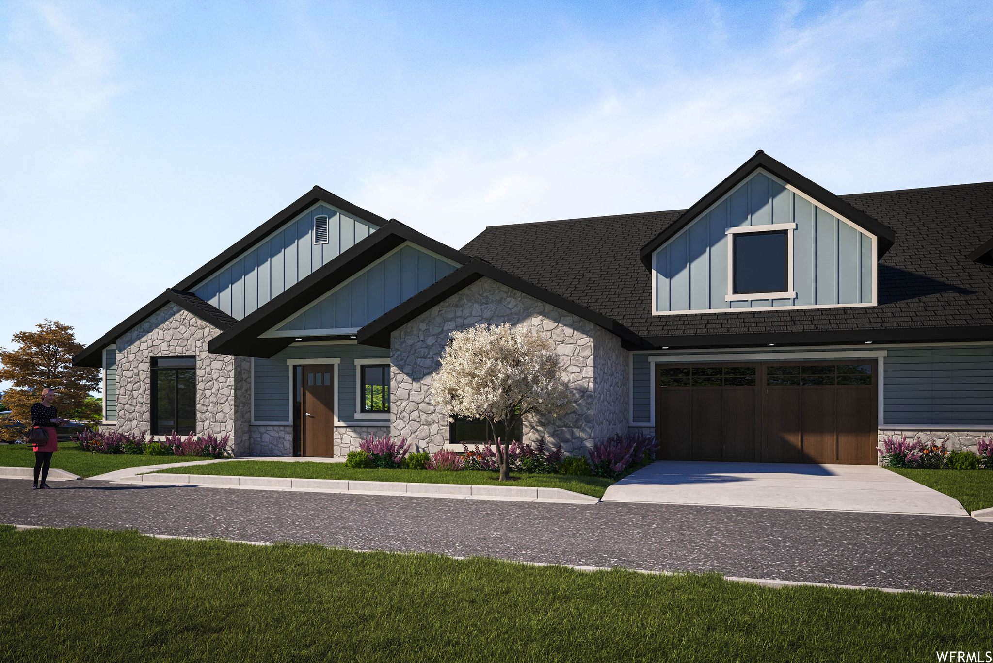 Craftsman inspired home featuring garage and a front yard