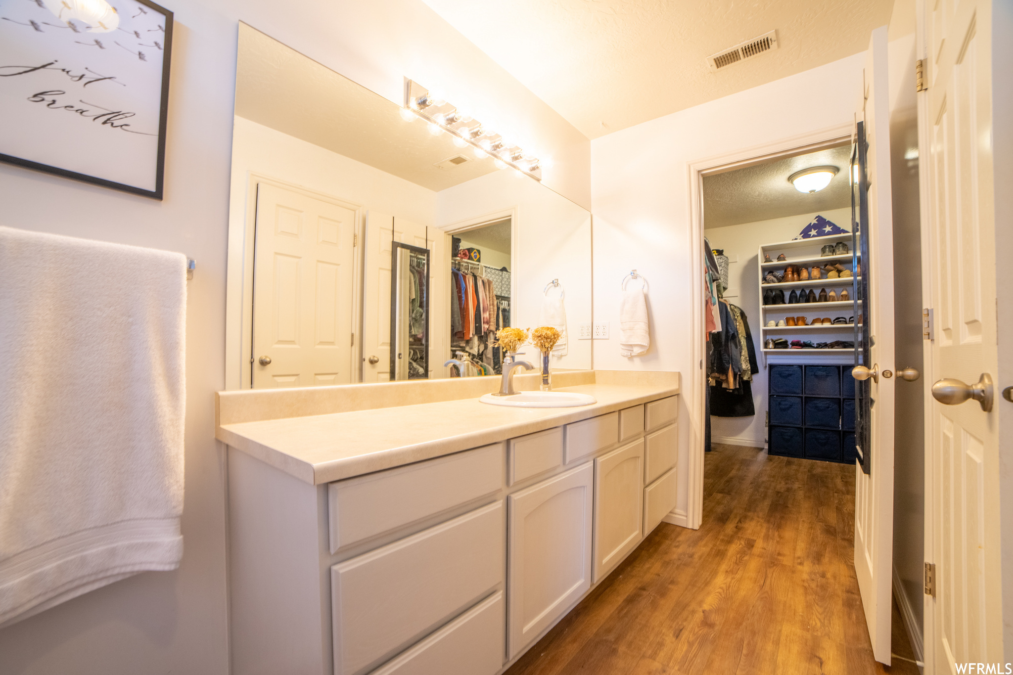 Bathroom with vanity with extensive cabinet space, mirror, and light hardwood floors