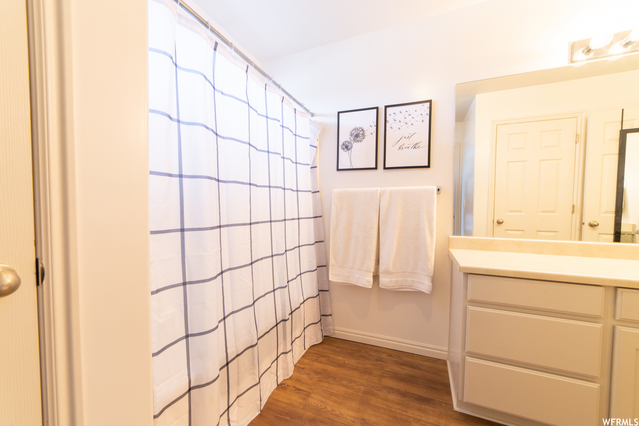 Bathroom featuring vanity, mirror, and light hardwood floors