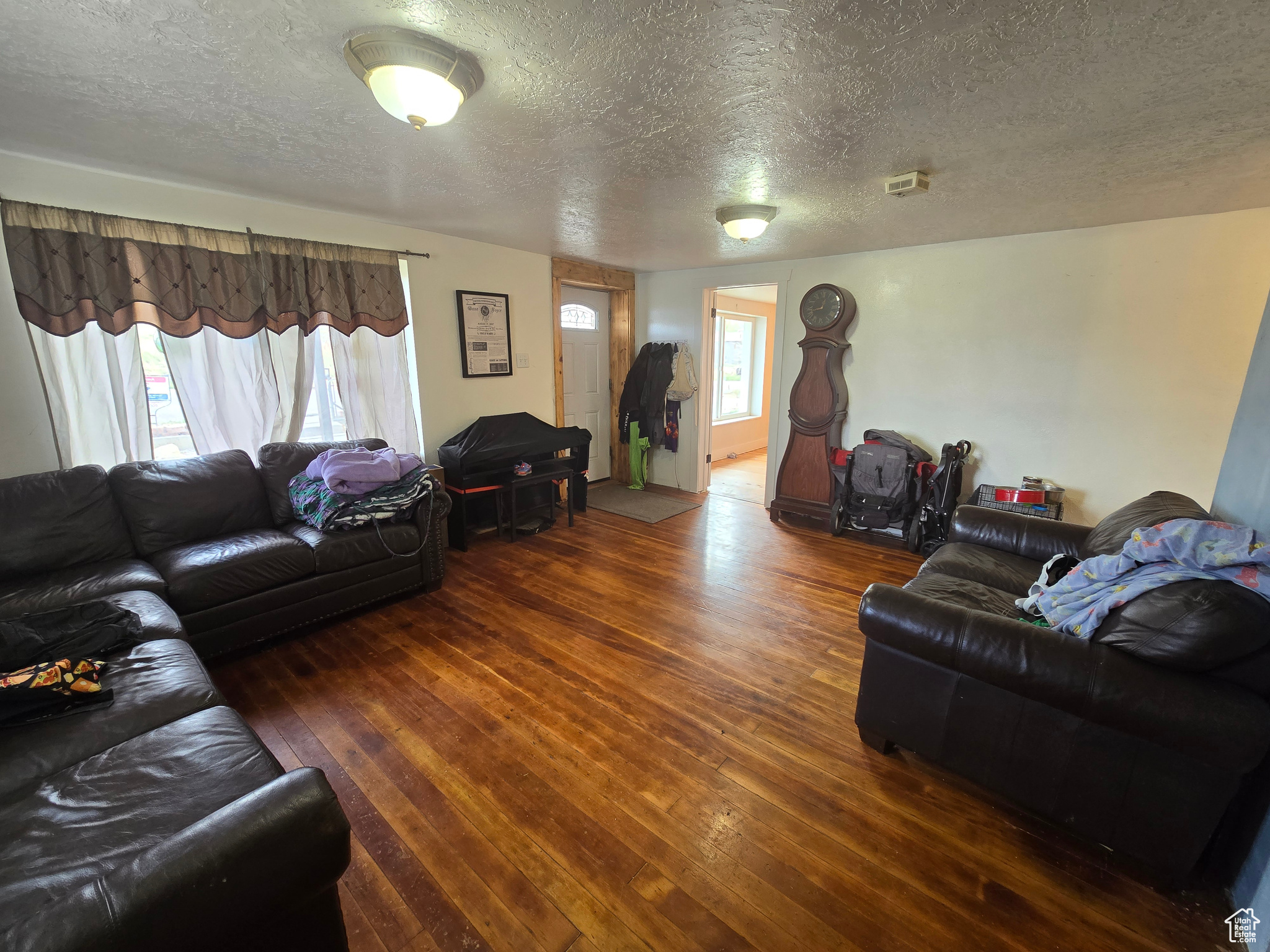 Living room with wood-type flooring and a textured ceiling