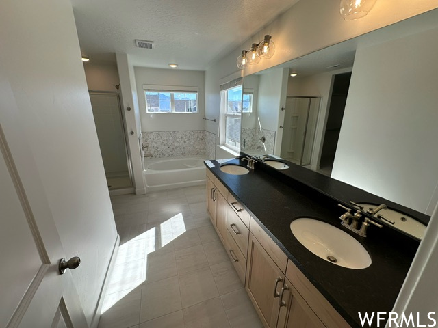 Master bath with granite counter top, tile flooring, bath tub and separate shower.