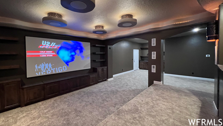 Carpeted cinema featuring a tray ceiling and a textured ceiling