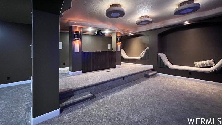 Carpeted cinema featuring a textured ceiling