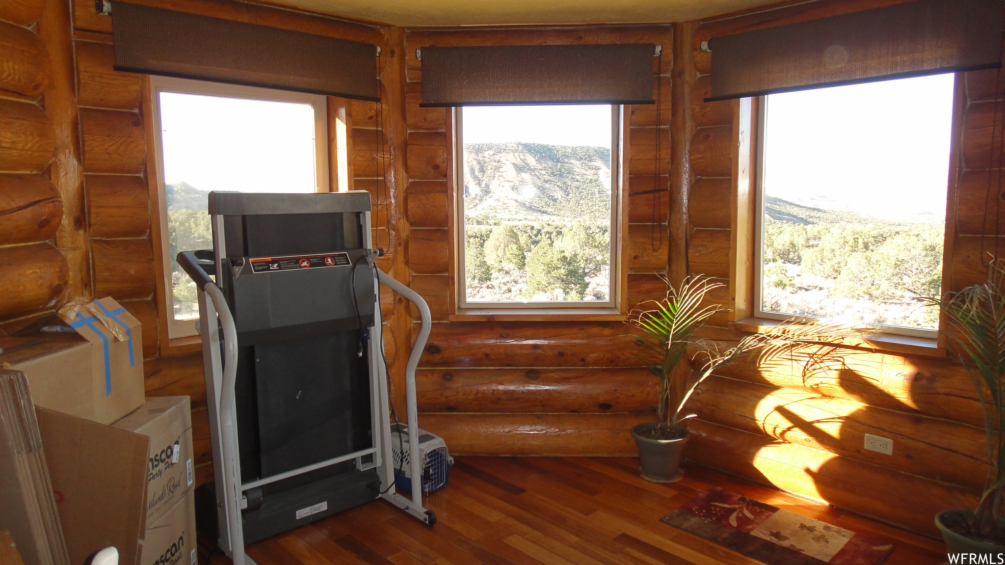 Exercise area featuring dark hardwood floors and rustic walls. Could also be an additional bedroom.