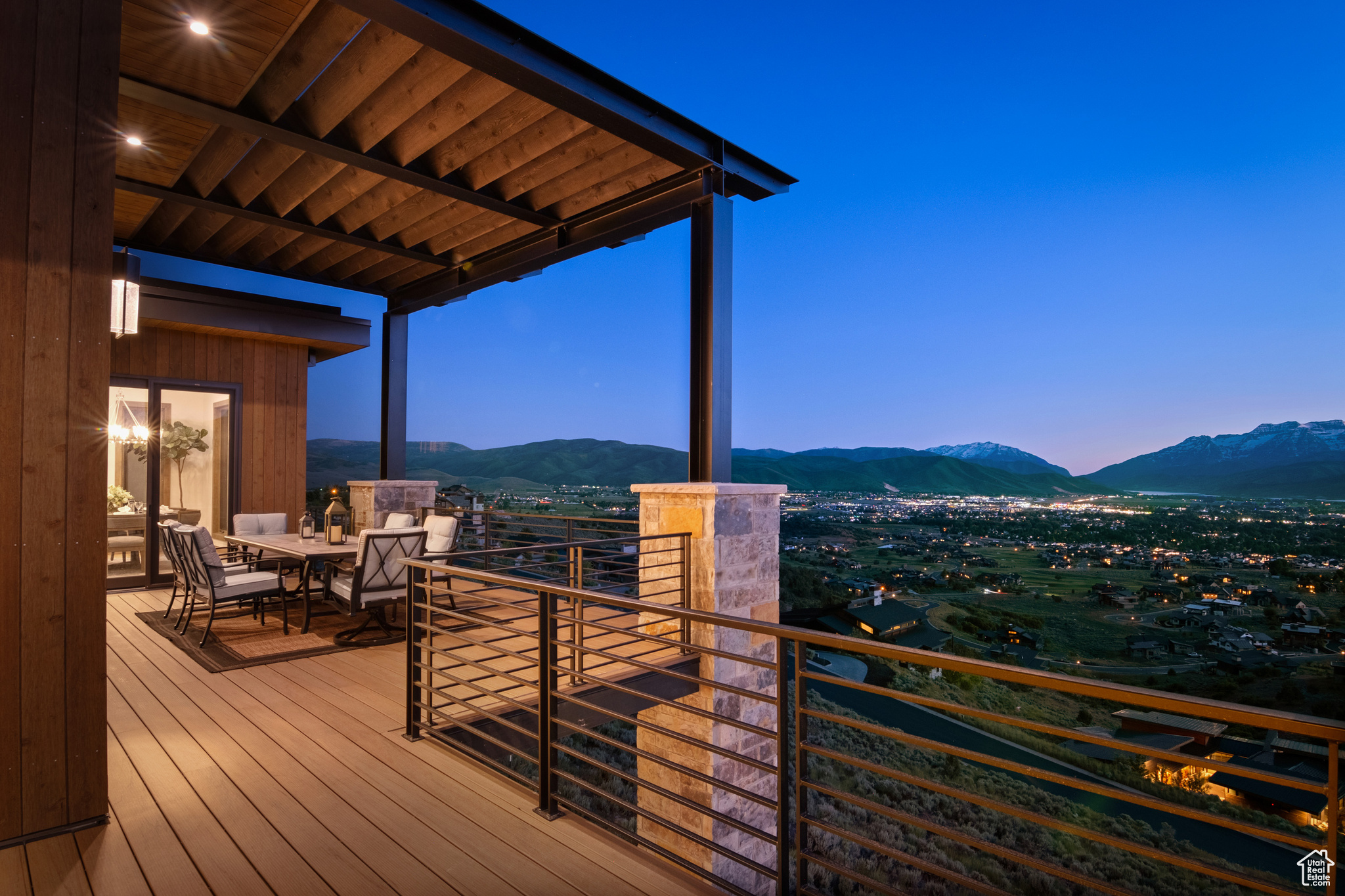 Deck at dusk with a mountain view