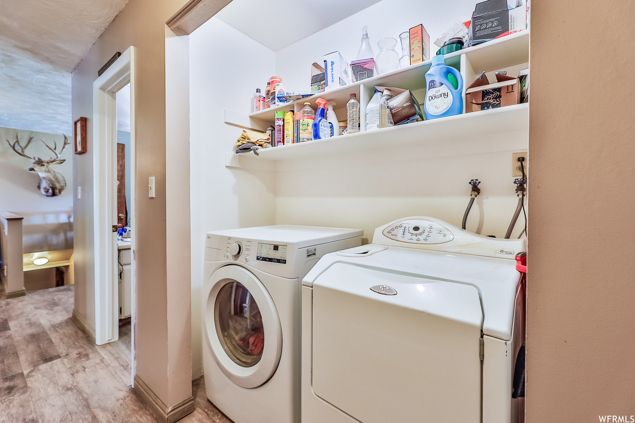 Laundry room with washer and dryer and light hardwood / wood-style floors