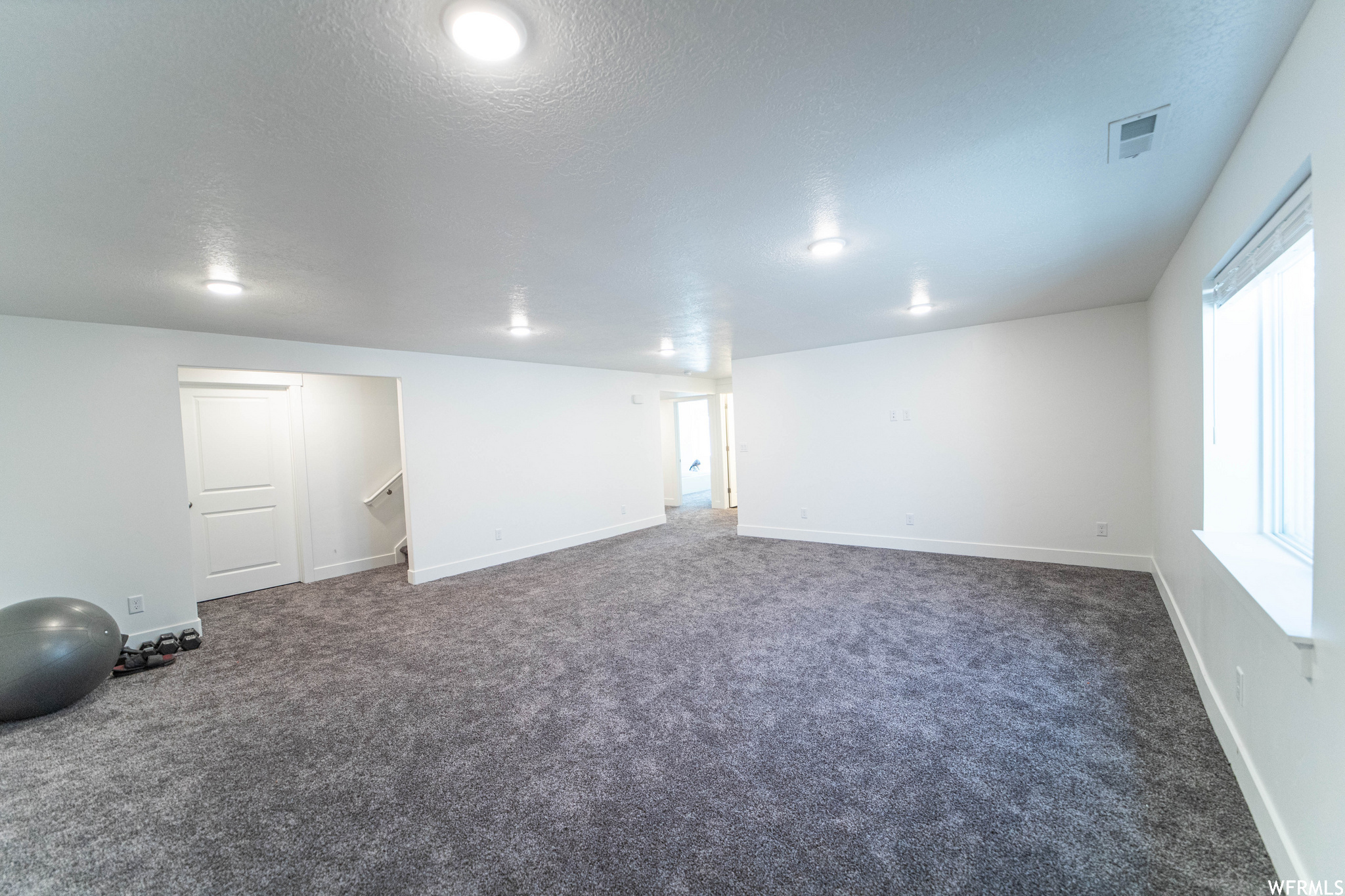 Interior space with dark colored carpet