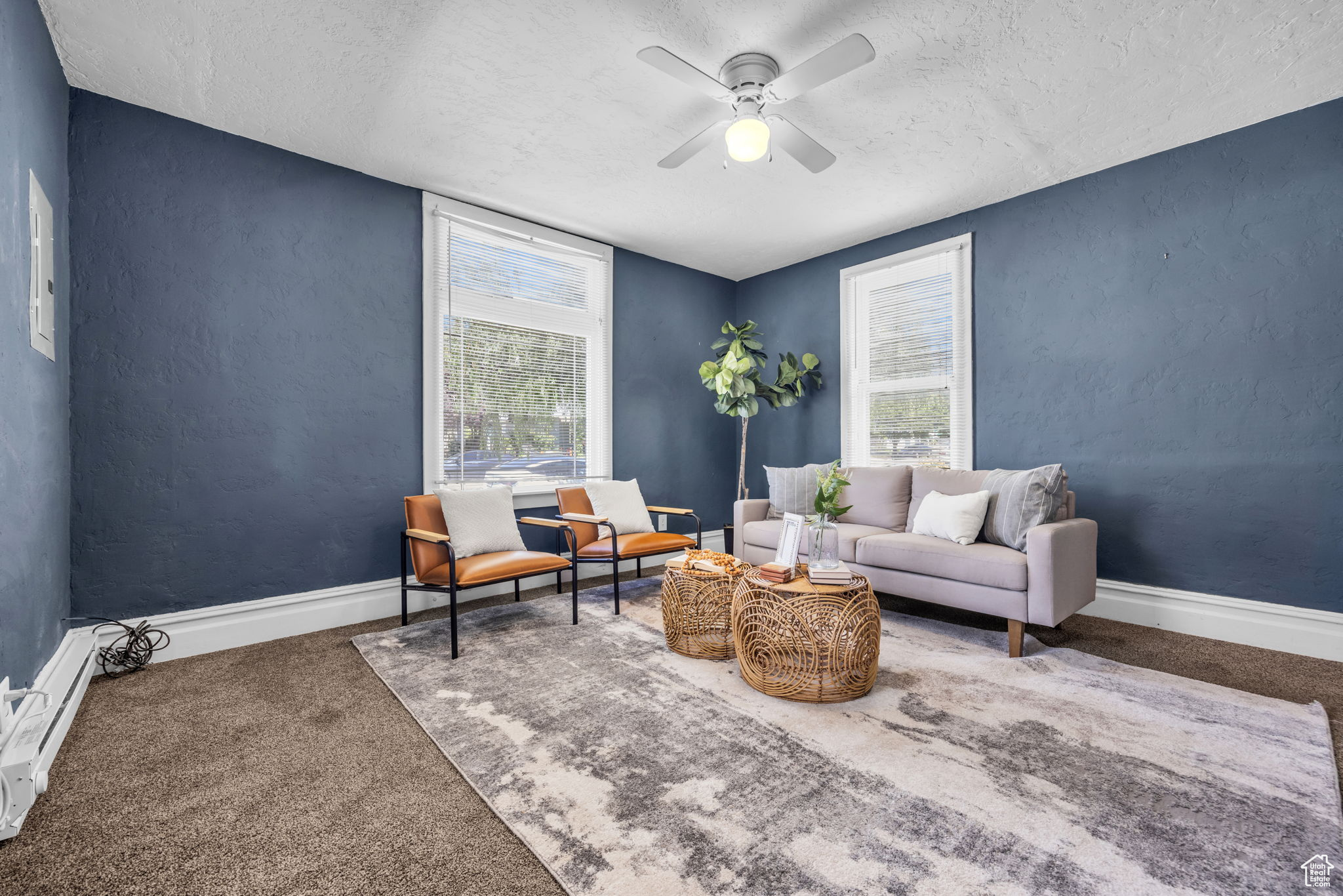 Carpeted living room featuring plenty of natural light, ceiling fan, and brand-new electric panel box.