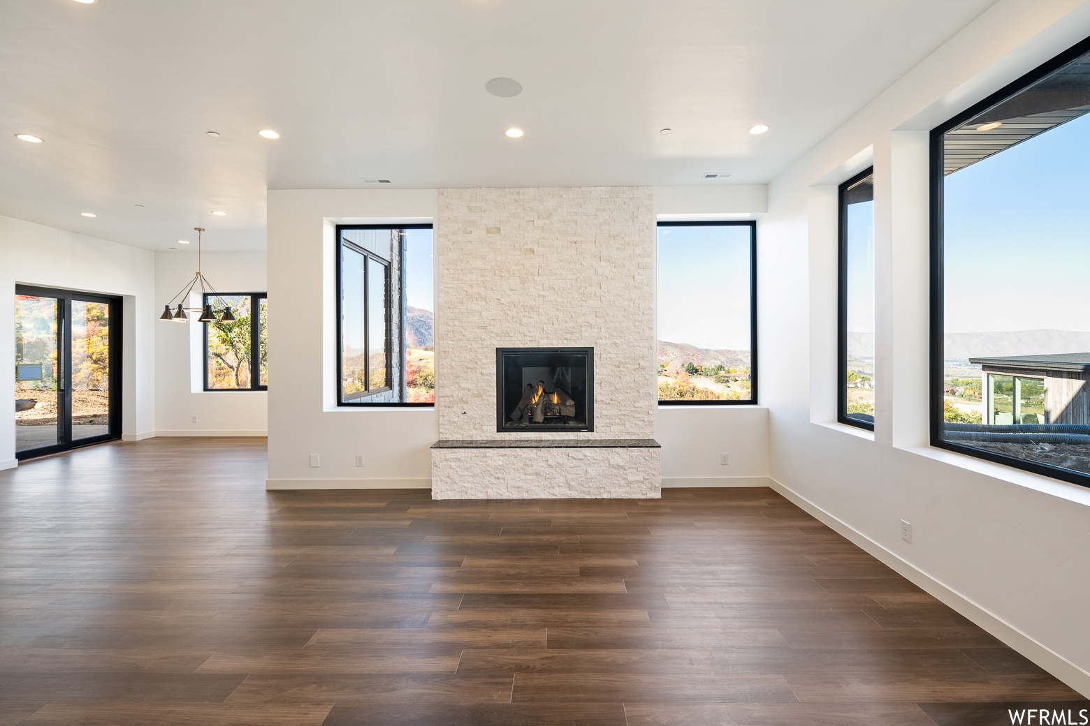 stone fireplace, large view windows